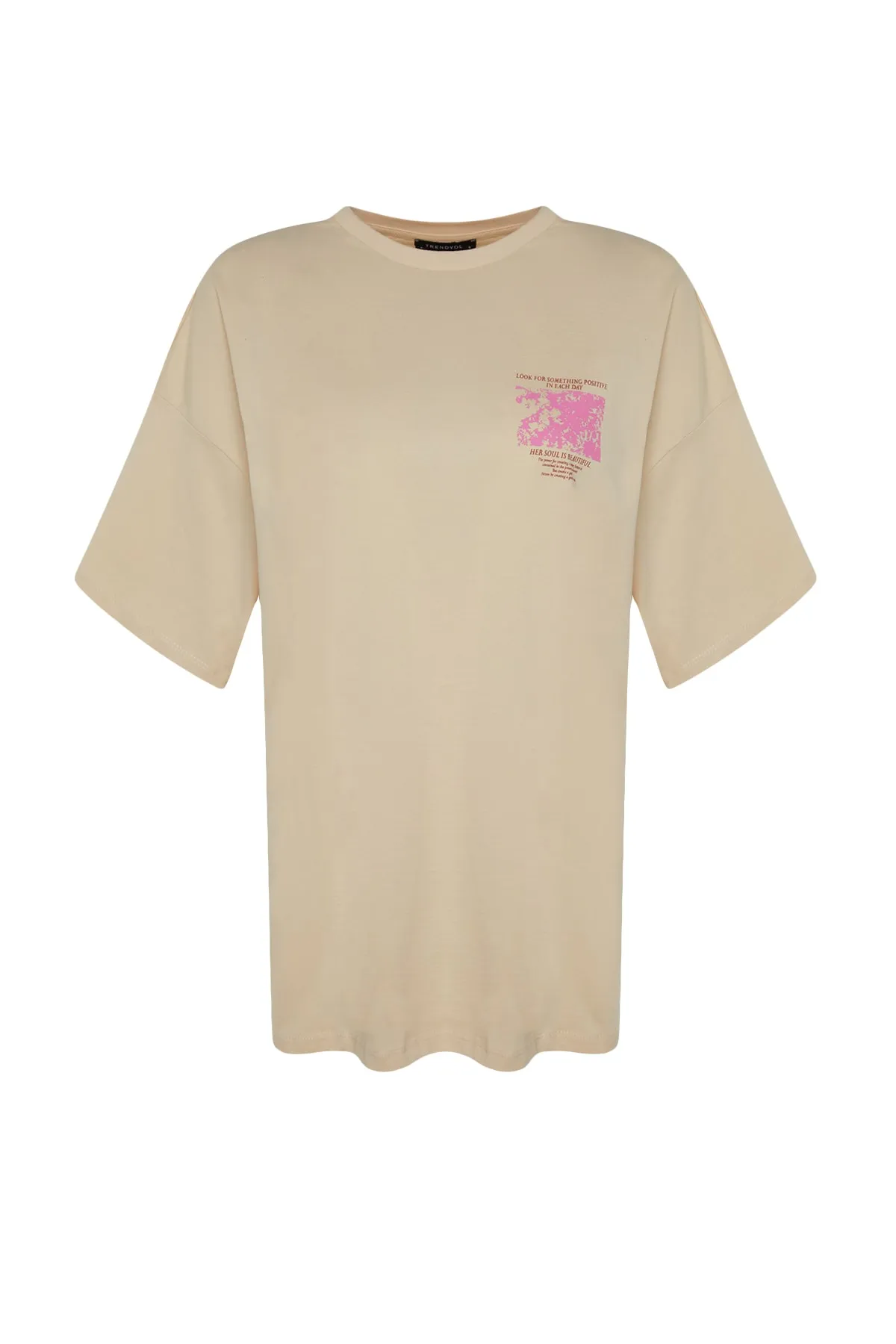 Trendyol Collection  Premium-Strick-T-Shirt aus 100 % Baumwolle mit bedruckter Vorder- und Rückseite in Übergröße/weitem Muster TWOSS23TS00269