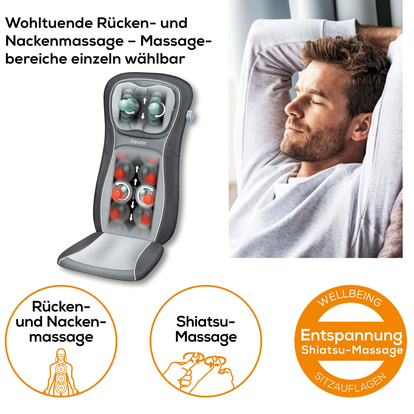 Beurer Shiatsu-Sitzauflage MG 260 HD-2-in-1-Sitzauflage Massagegrät für punktuelle Massage, Roll-, Nacken- & Rückenmassage