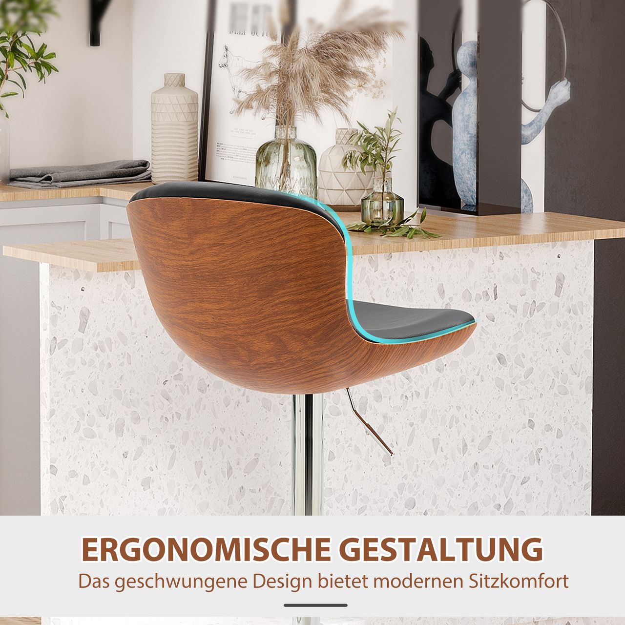 HOMCOM Barhocker mit Fußstütze, Barstuhl mit Rückenlehne, Bistrohocker, Esszimmerstuhl höhenverstellbar drehbar, PU, Schwarz, 2er-Set, 46 x 53,5 x 85-106 cm