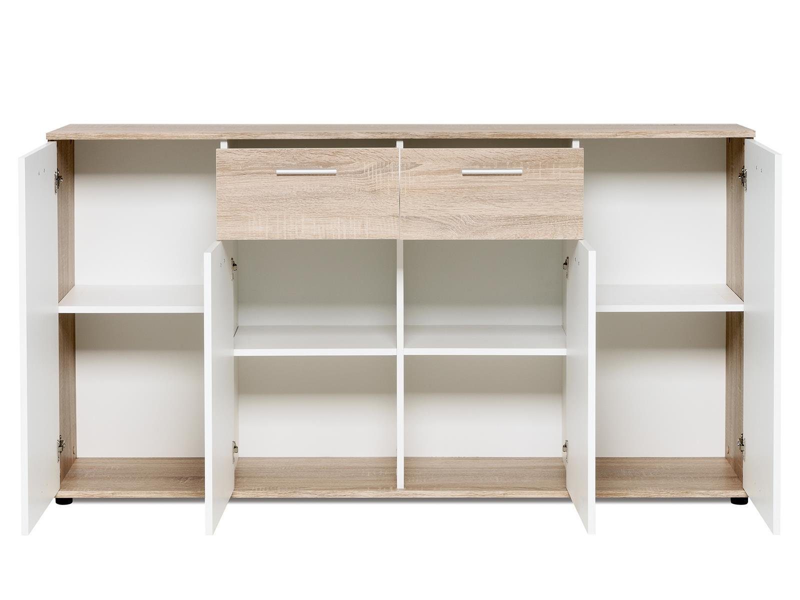 möbelando Sideboard Jacklin, Modernes Sideboard aus Spanplatte in Sonoma-Eiche Nachbildung mit Absetzungen in Weiß mit 2 Schubkästen und 4 Türen dahinter je 1 Boden. Breite 160 cm, Höhe 85 cm, Tiefe 35 cm