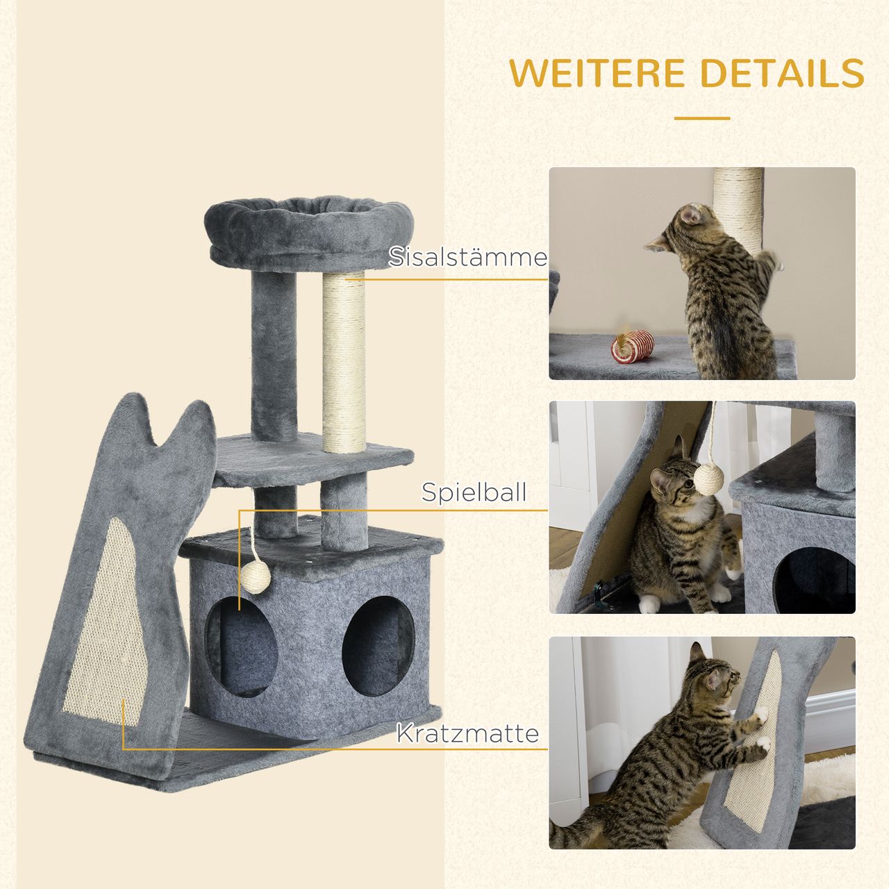 PawHut Kratzbaum 83H cm Kletterbaum Katzenbaum mit Katzenhöhle Kratzbrett Grau