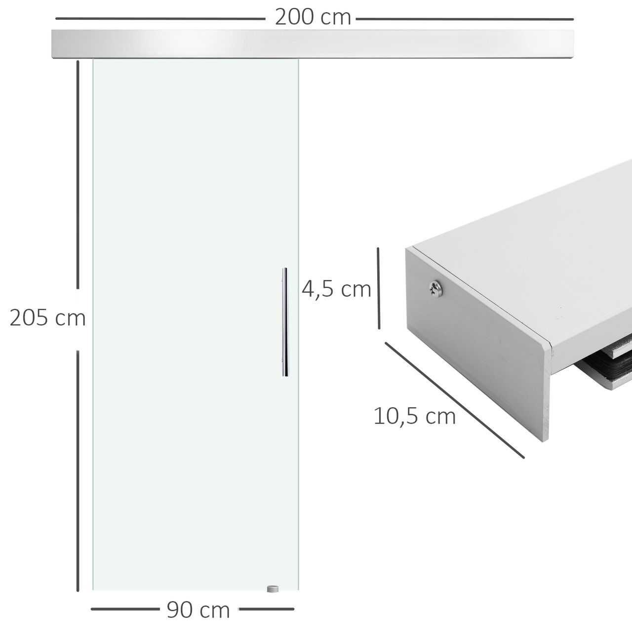 HOMCOM Glasschiebetür Schiebetür Tür Zimmertür mit Griffstange 90 x 205 cm