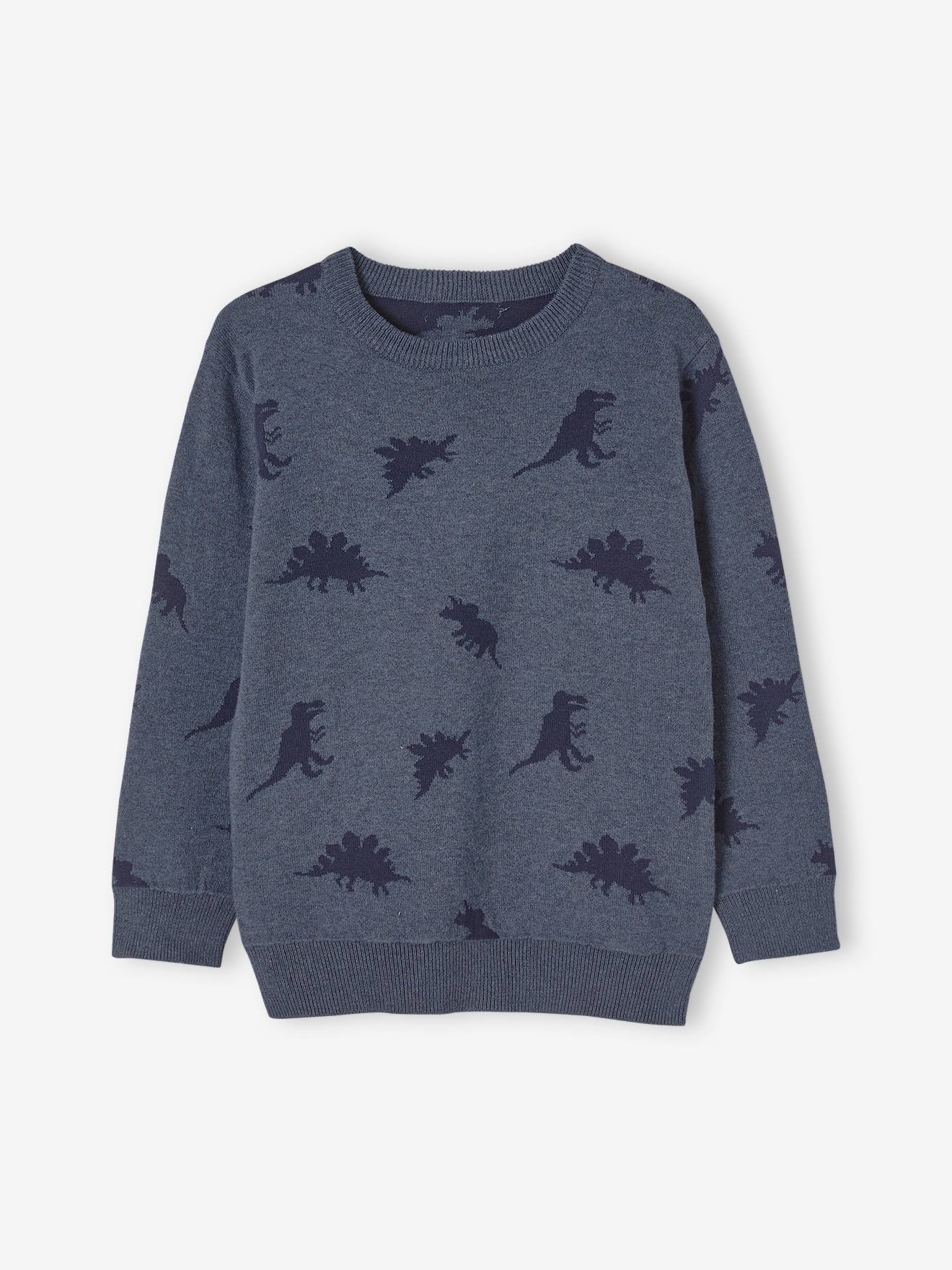 Pull jacquard motifs dinosaures garçon bleu chiné