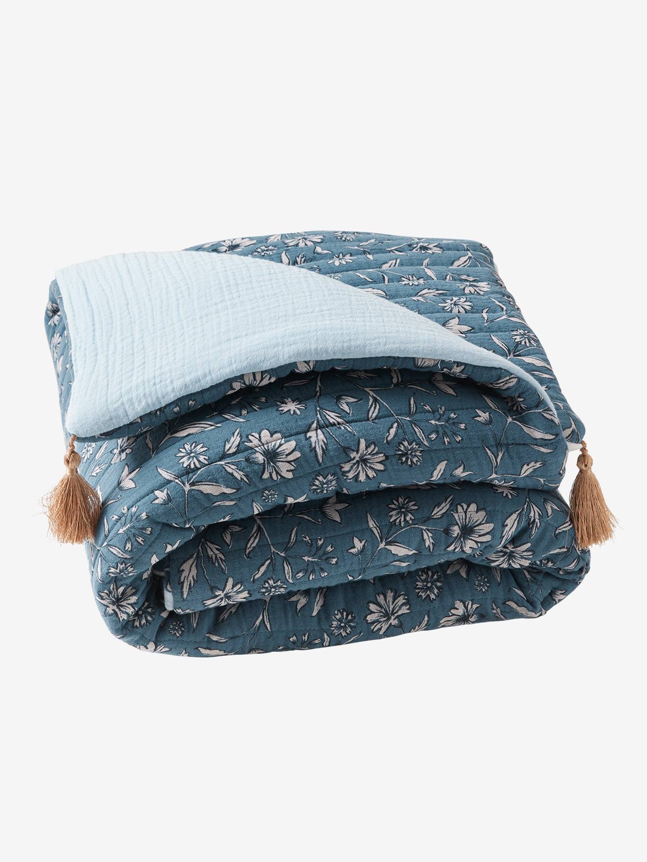 Vertbaudet Baby Patchwork-Spieldecke/ Laufstalleinlage INDIEN BLUME, Quasten - blau bedruckt