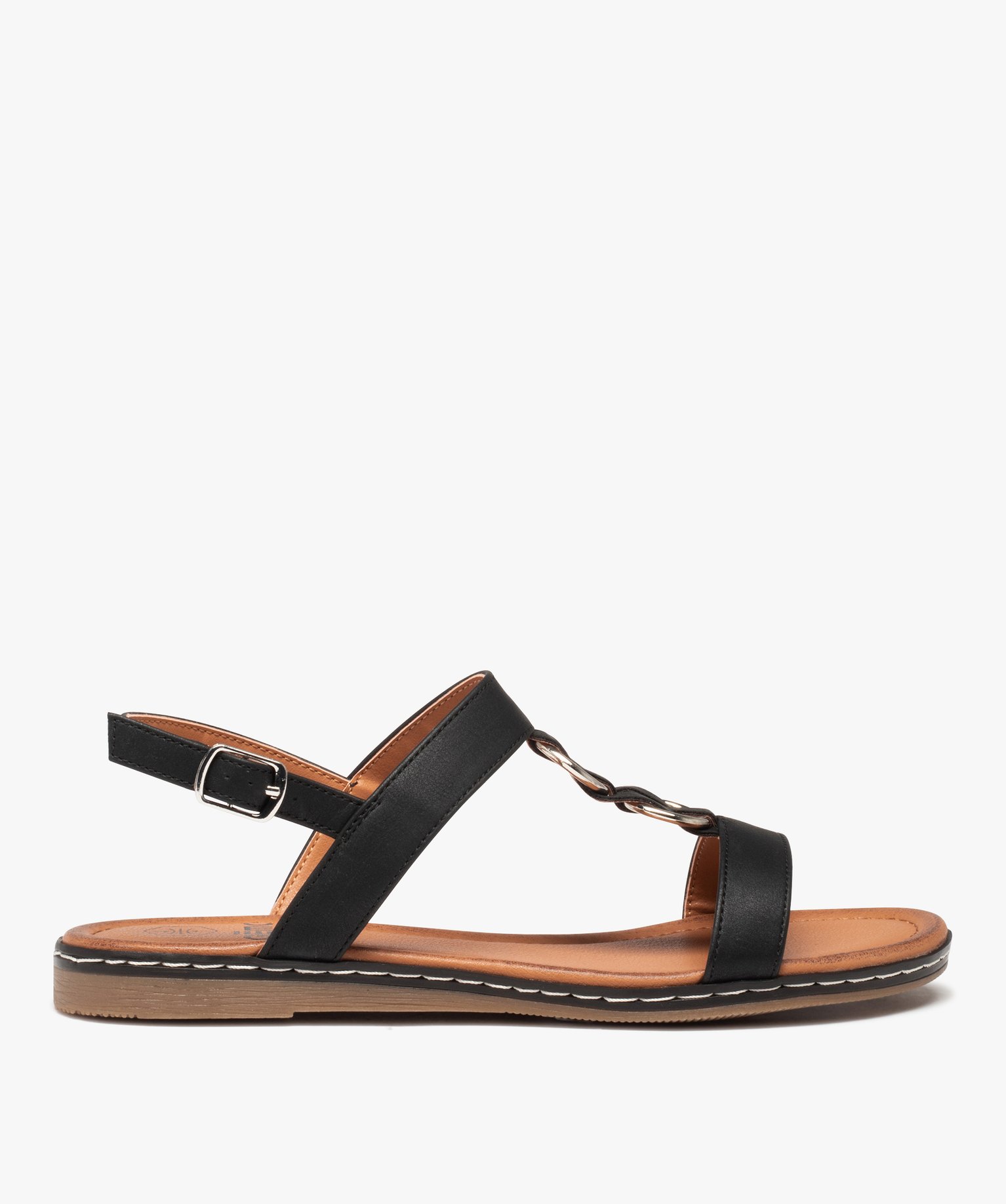Sandales femme plates à brides unies et anneaux en métal noir | GEMO