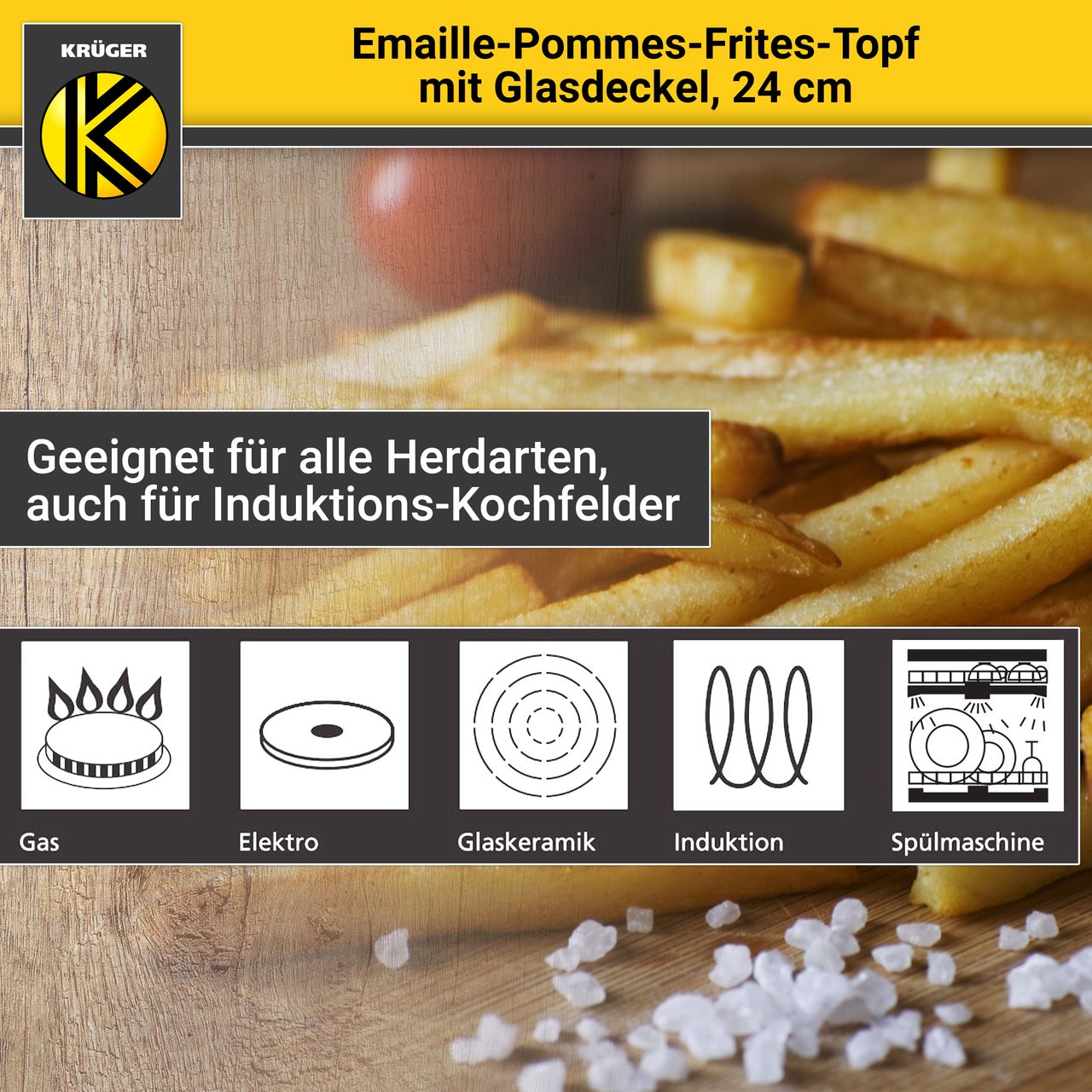 Karl Krüger Emaillierter Pommes-Topf mit Deckel, 24 cm