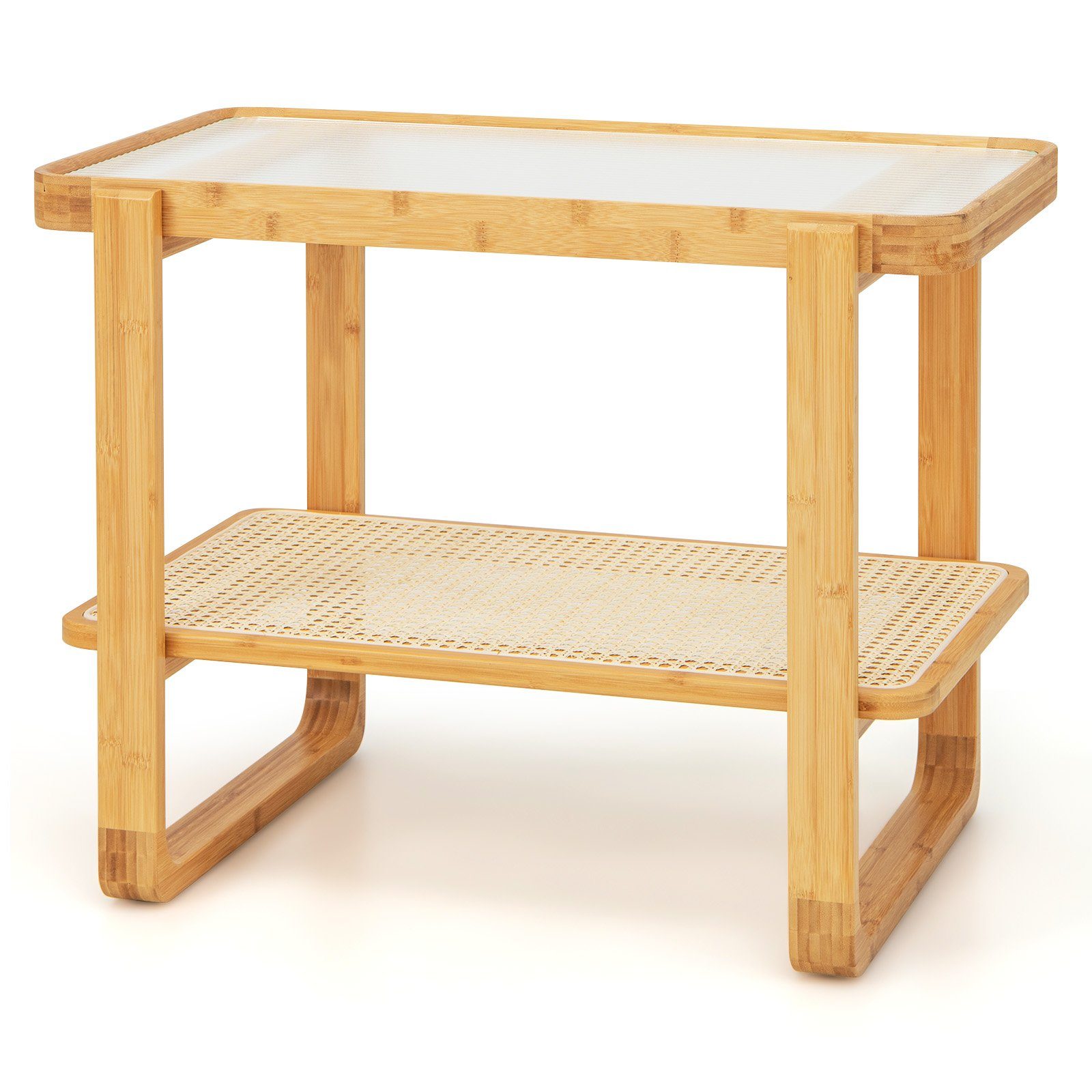COSTWAY Beistelltisch, mit Glasplatte&Rattanablage, Bambus, 70,5x44,5x54,5cm