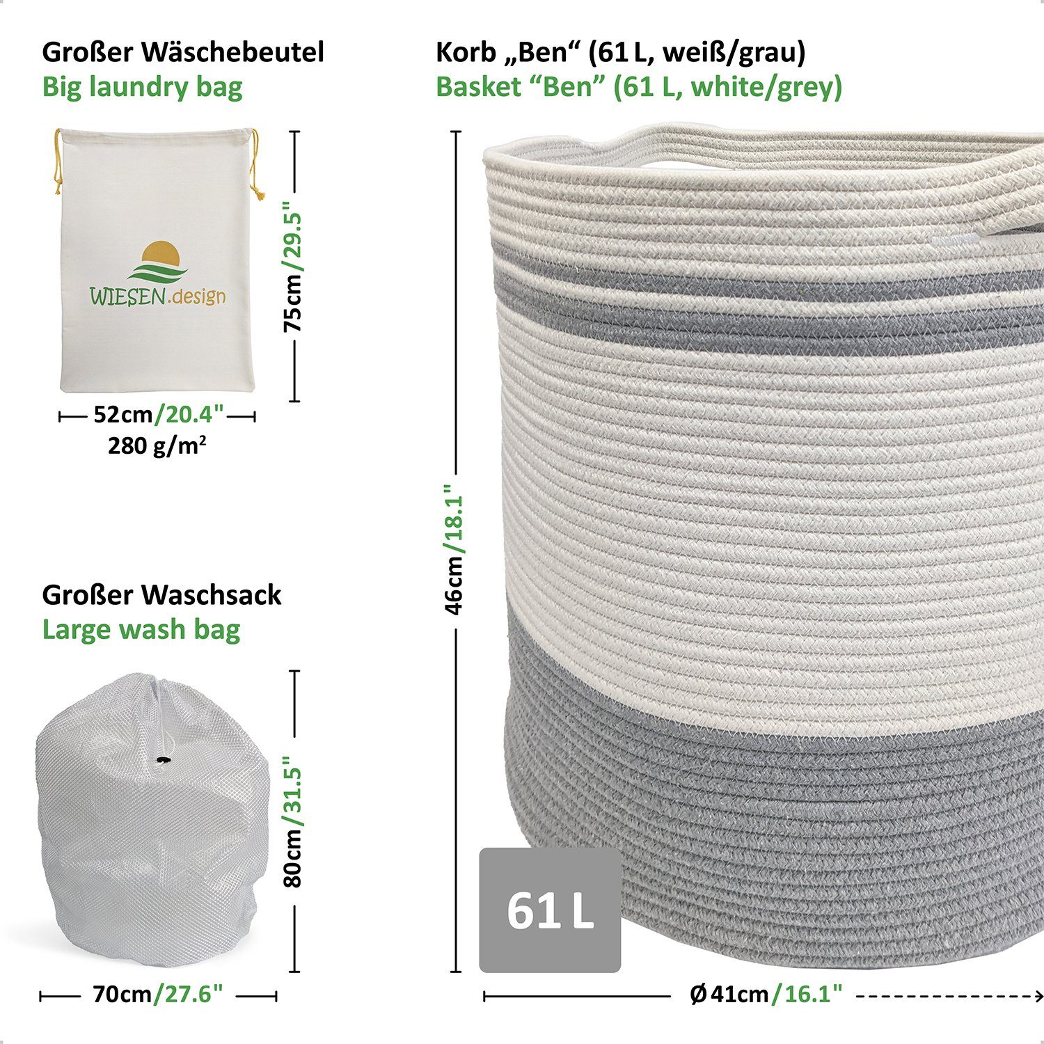 WIESEN.design Wäschekorb Ben Ø41xH46 cm 61L, 100% Baumwolle, Aufbewahrungskorb geflochten, inkl. großem Waschsack und schwerem Wäschesack, gratis Versand