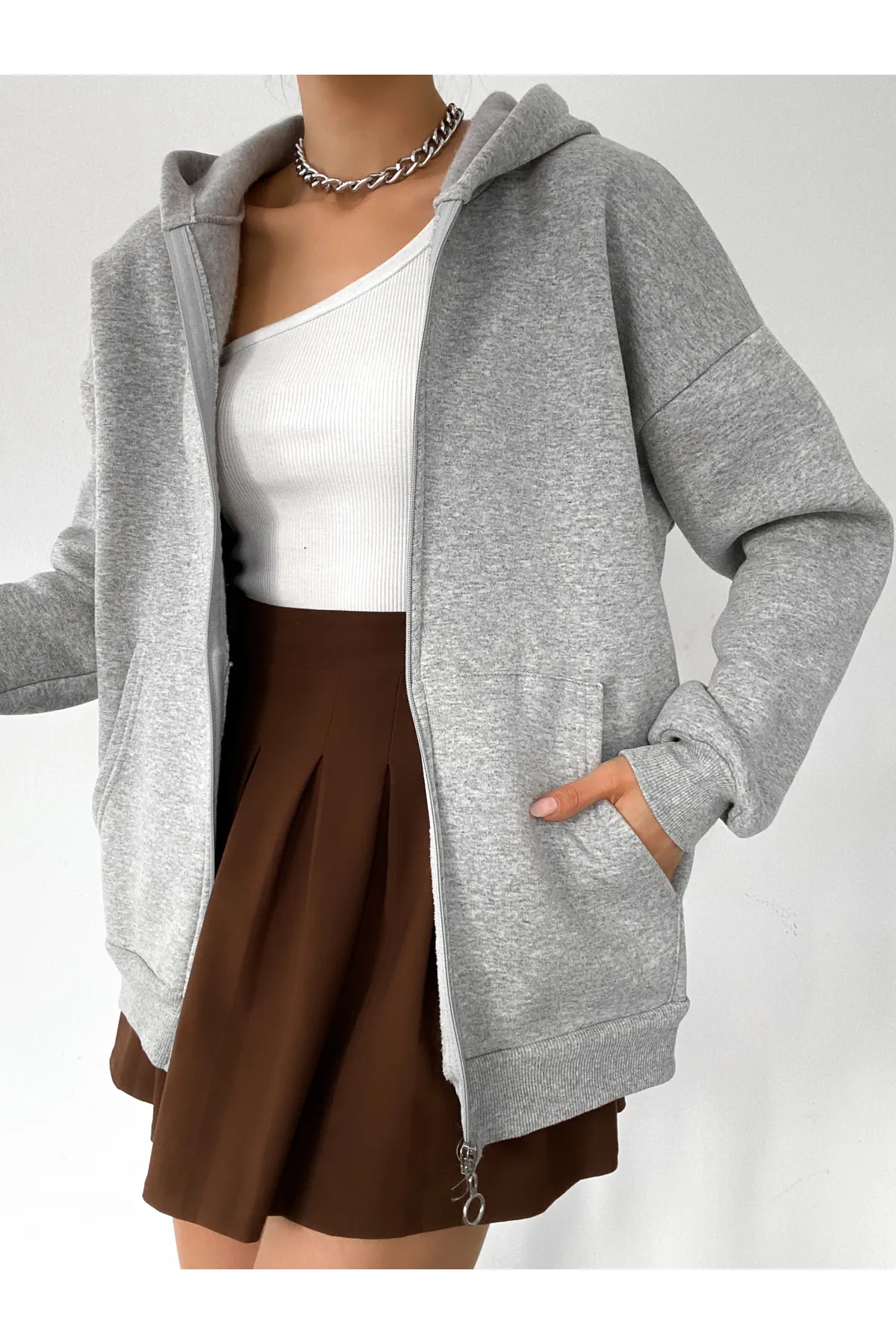 BEJNA  Grauer Oversize-Sweat-Cardigan mit Reißverschluss für Damen