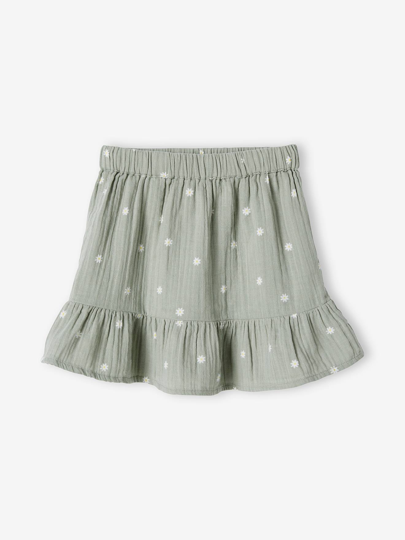 Jupe imprimée en gaze de coton fille vert imprimé