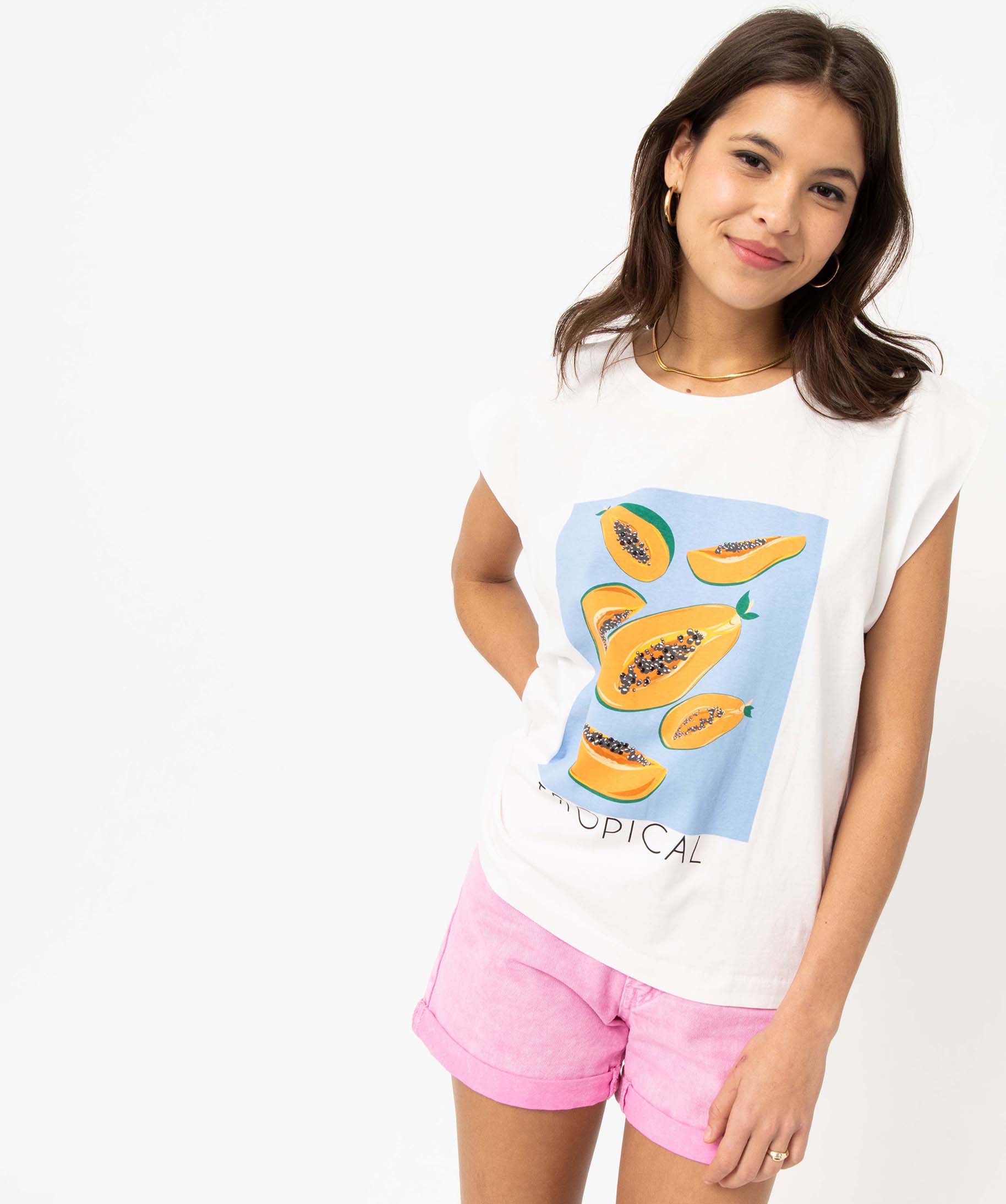 Tee-shirt manches courtes coupe loose en coton imprimé femme imprime | GEMO