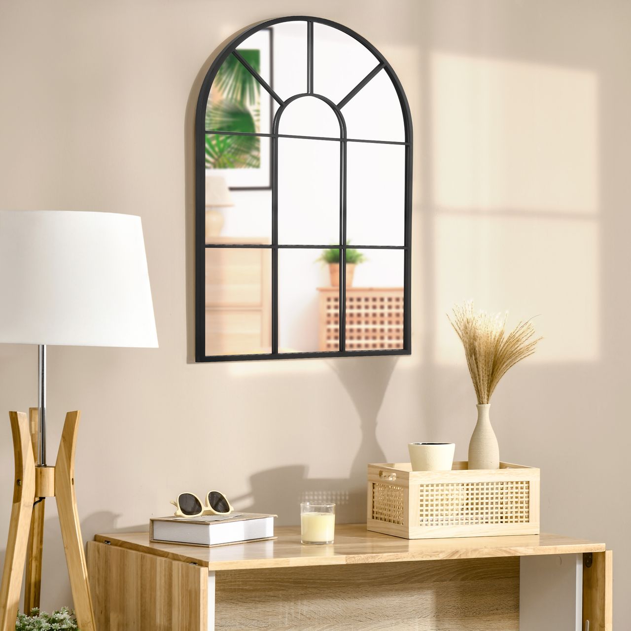 HOMCOM 91 x 60 cm Wandspiegel Bogenfenster-Spiegel Wohnzimmerspiegel Schwarz