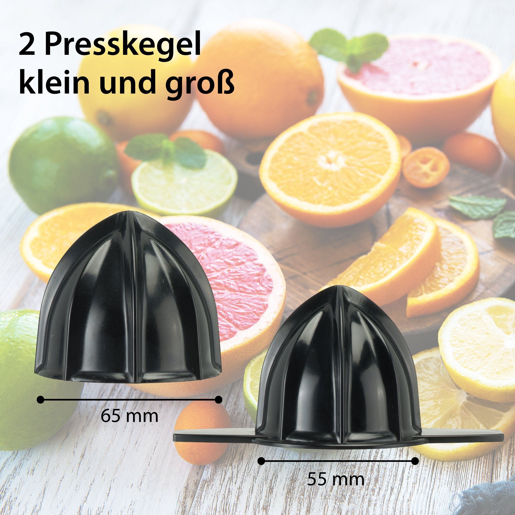 ADE Zitruspresse Entsafter Zitronenpresse Orangenpresse Saftpresse mit 1 l Glaskaraffe, 60 W, 2 Laufrichtungen, Tropf-Stop, 2 Presskegel (groß und klein)