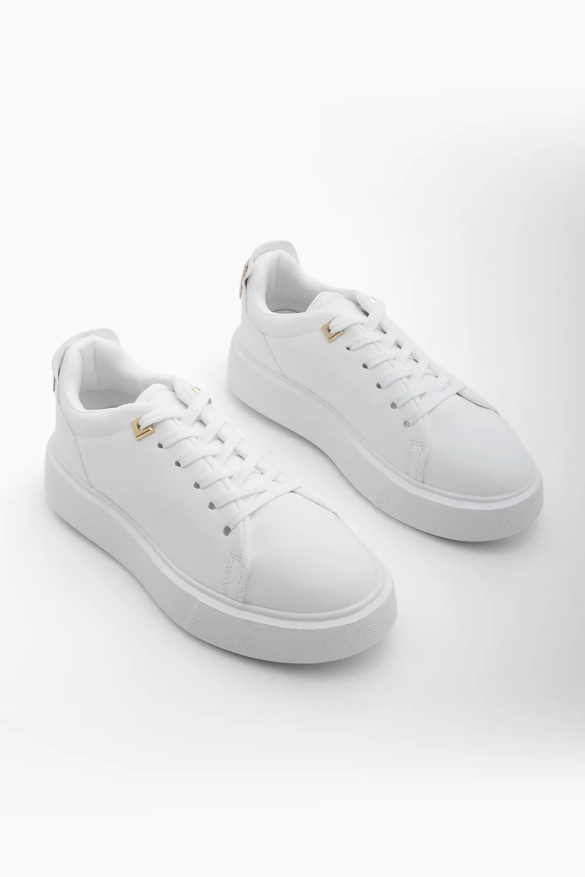 Marjin  Damen-Sneaker, dicke Sohle, goldene Schnalle, detaillierte Schnür-Sportschuhe, Rofke, Weiß