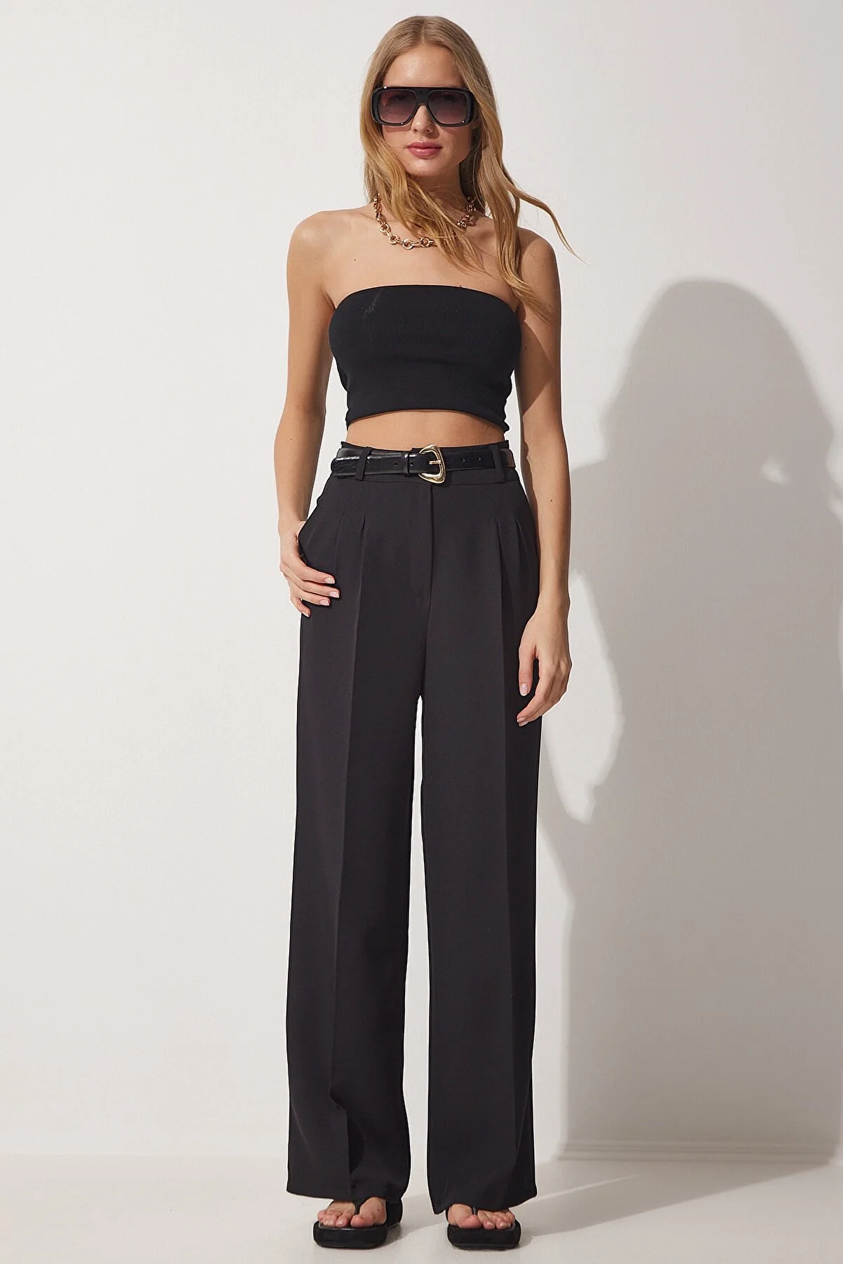 Happiness İstanbul  Schwarze, maskuline Webhose mit weitem Bein für Damen HG00001