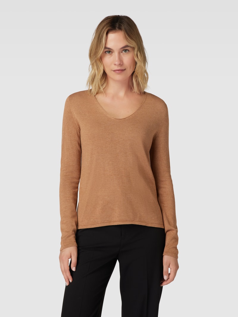 Pullover aus Baumwoll-Viskose-Mix mit V-Ausschnitt in camel meliert