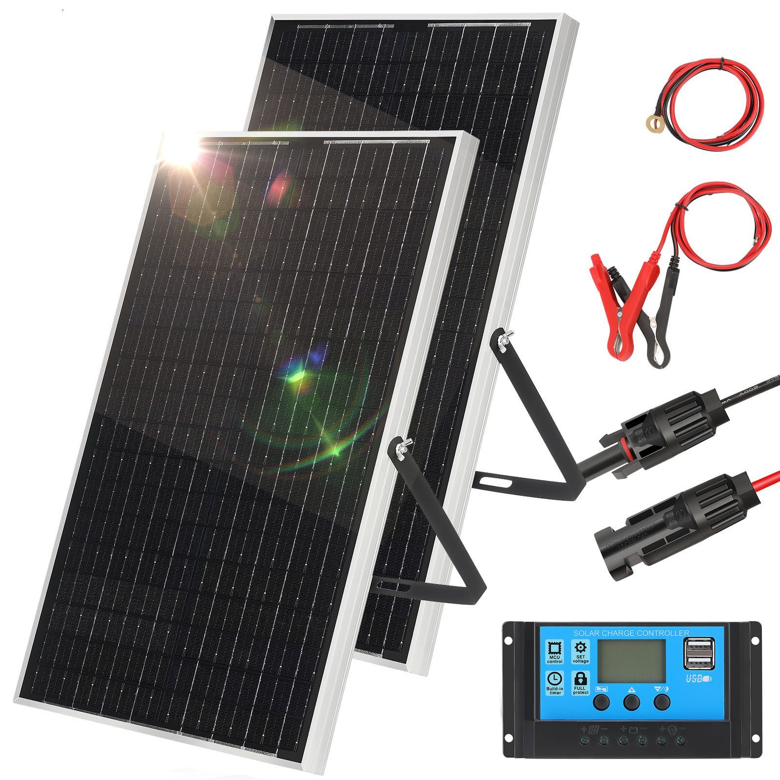 LETGOSPT Solaranlage 60W Monokristallin Solarmodul Photovoltaik Solarzelle Solaranlage, 60,00 W, 2 x 30W Balkonkraftwerk 10A Laderegler Solarset für Wohnmobil, Camper