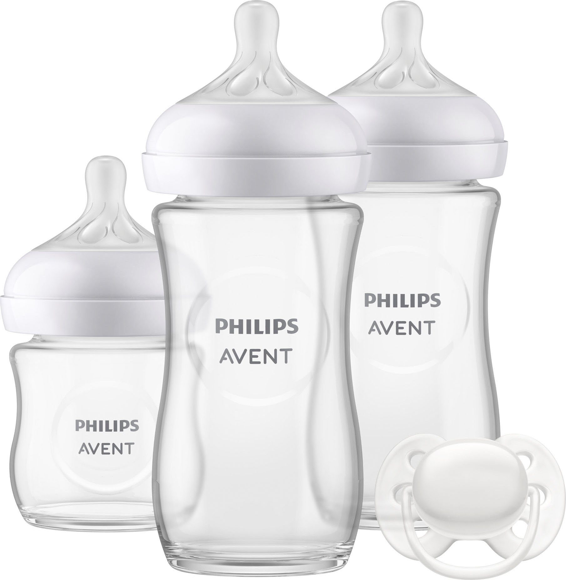 Philips AVENT Babyflasche Natural Response Starter-Set Glas für Neugeborene SCD878/11, 3 Flaschen aus Glas und ultra soft Schnuller