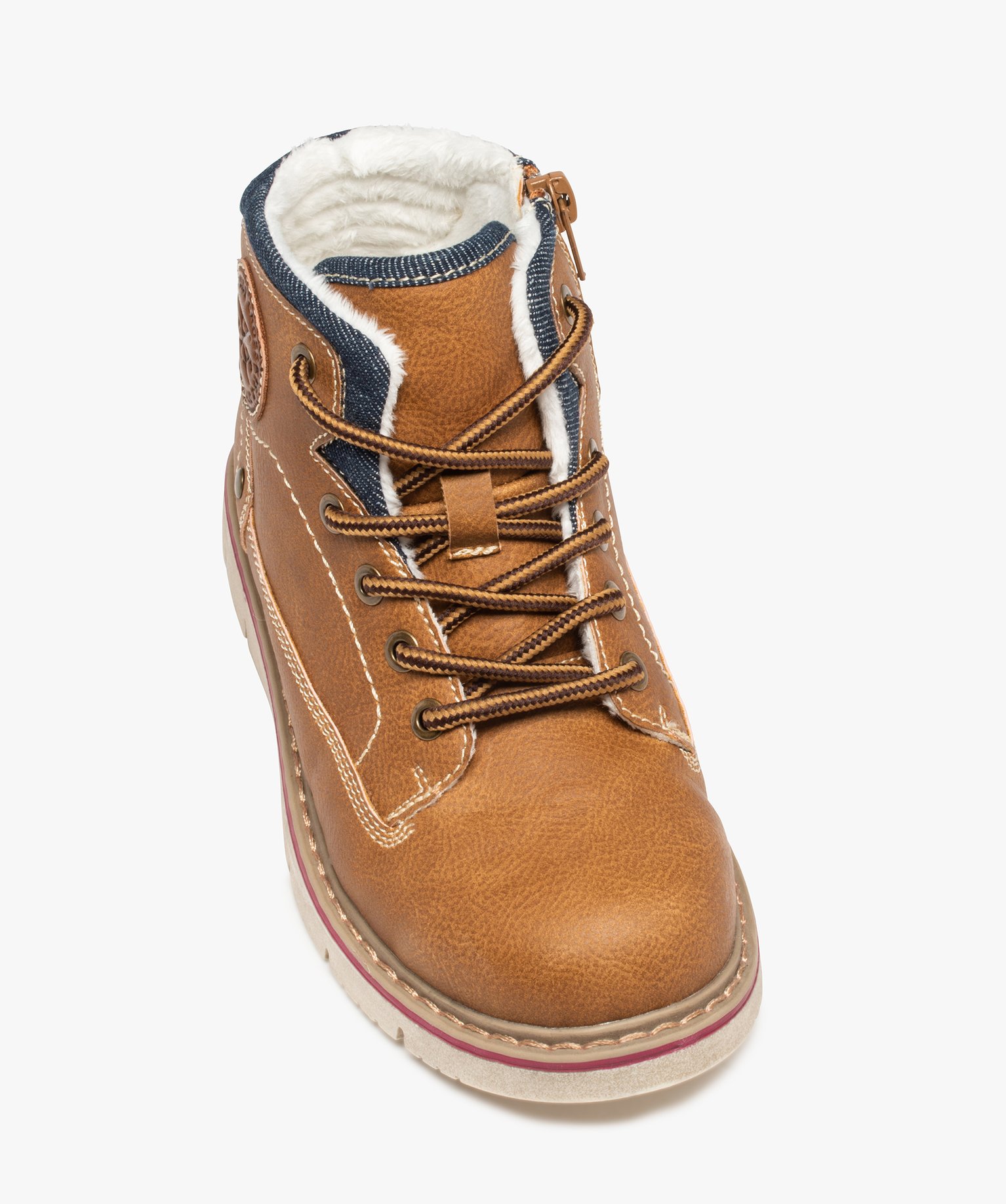 Boots fourrées Garçon style montagnard à lacets et zip marron | GEMO