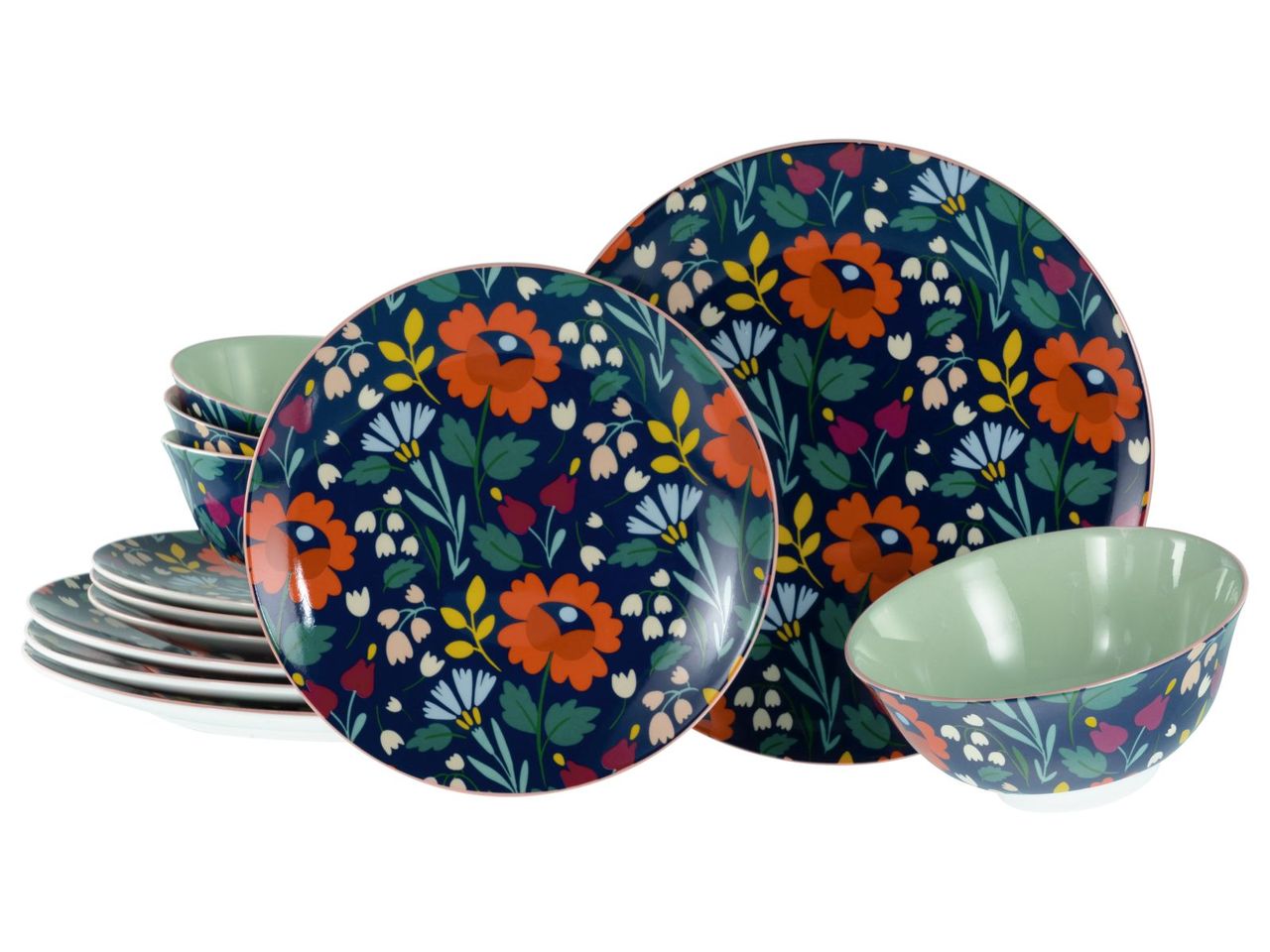 CreaTable Folklore Blau, 12-teiliges Geschirrset, Tafelservice aus Steinzeug