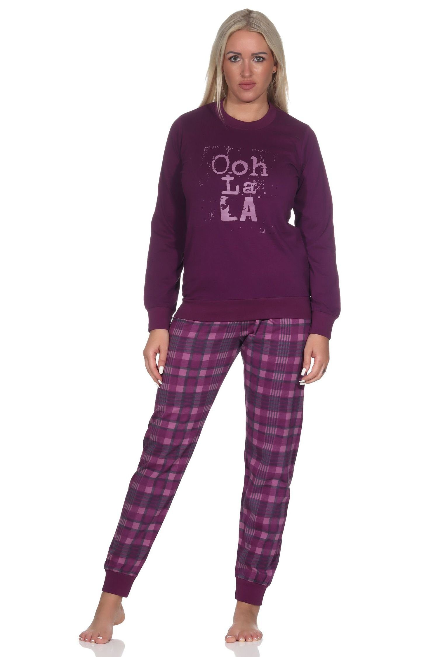 Normann Pyjama Normann Damen Schlafanzug mit Bündchen mit karierter Jersey Hose