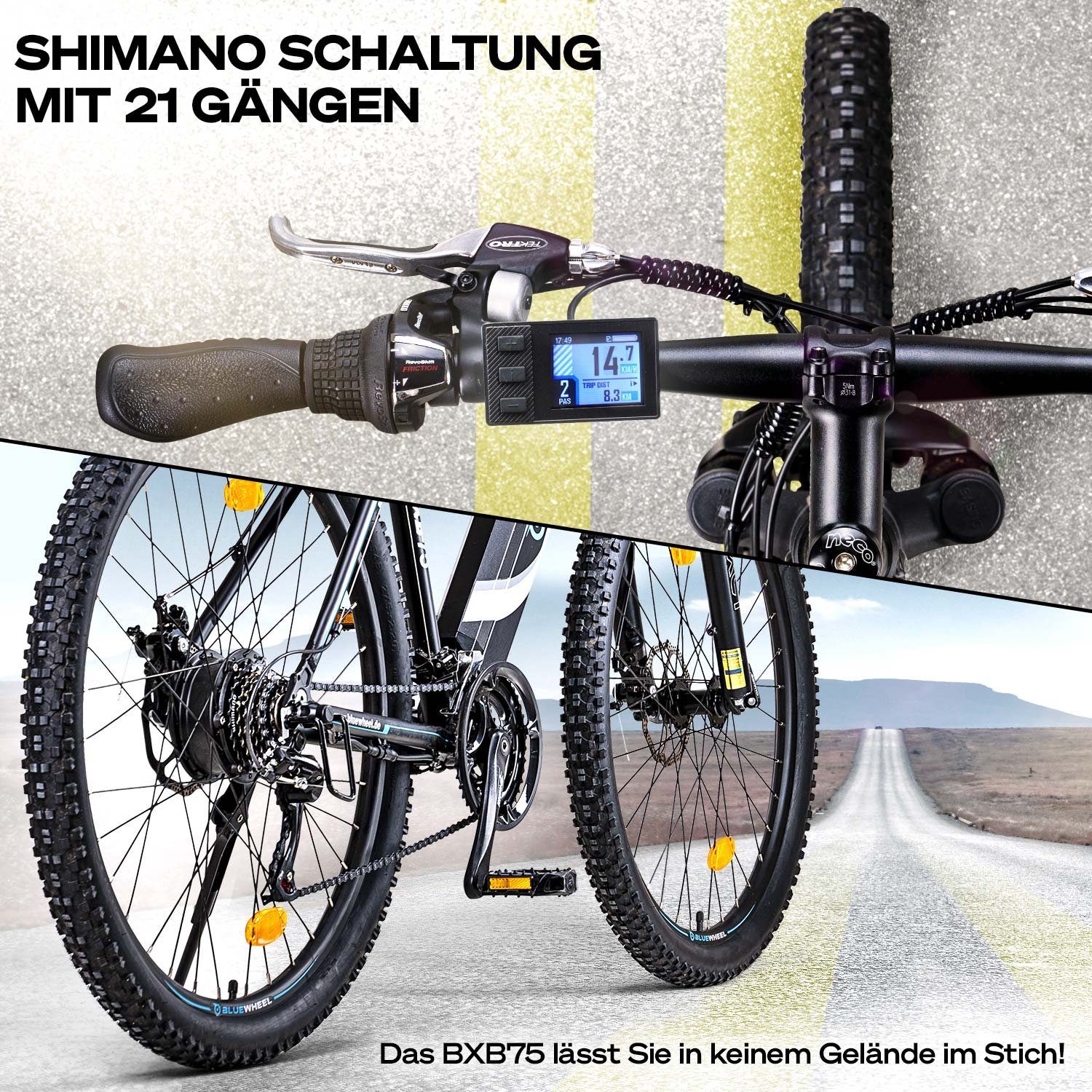 Bluewheel Electromobility E-Bike BXB75, 21 Gang SHIMANO, Kettenschaltung, Heckmotor, Deutsche Qualitätsmarke, EU-konform E-Mountainbike