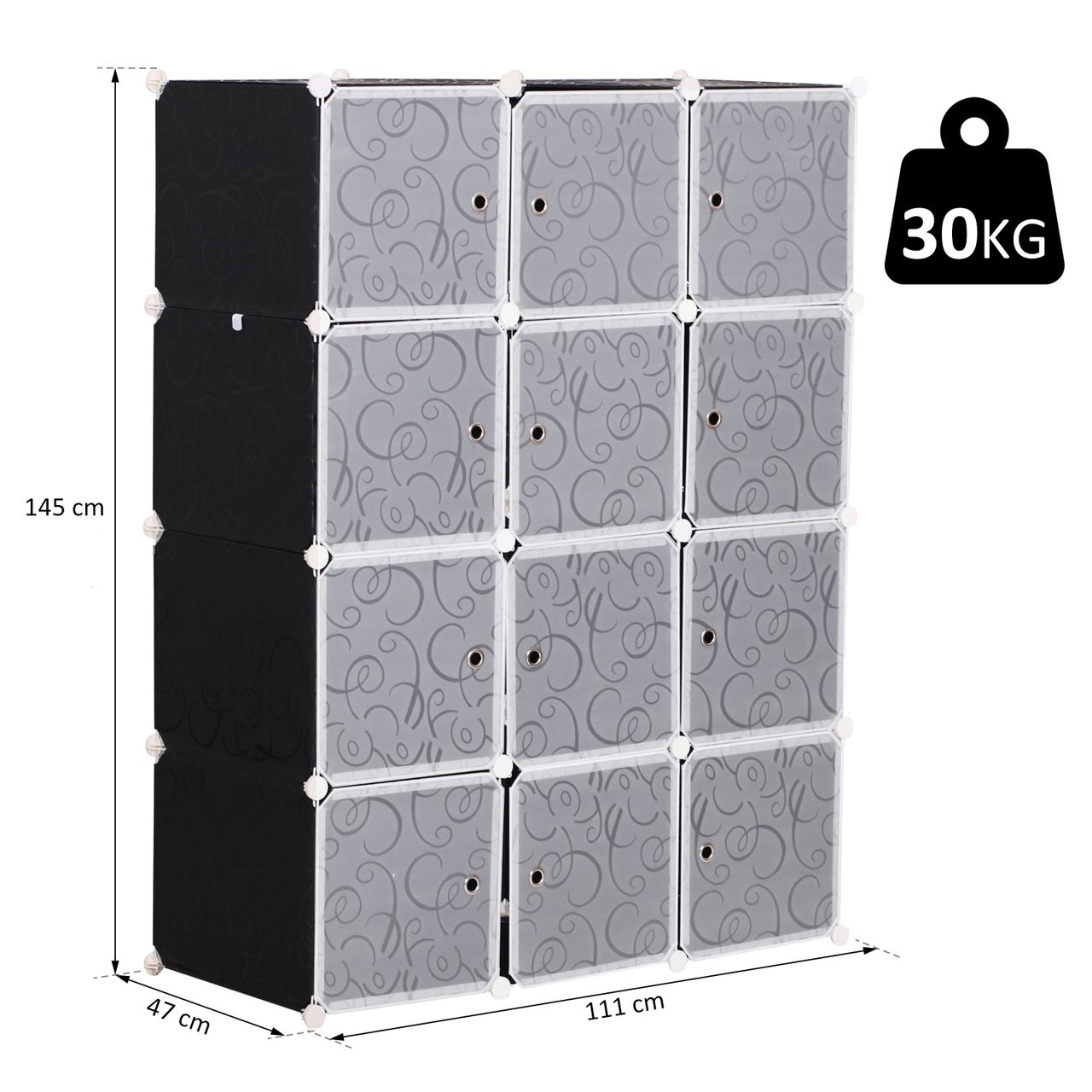 HOMCOM Kleiderschrank DIY Garderobe Regalsystem Steckregal Würfel Garderobenschrank mit Kleiderstange 2   6 Fächer aus PP Schwarz   Weiß 111 x 47 x 145 cm