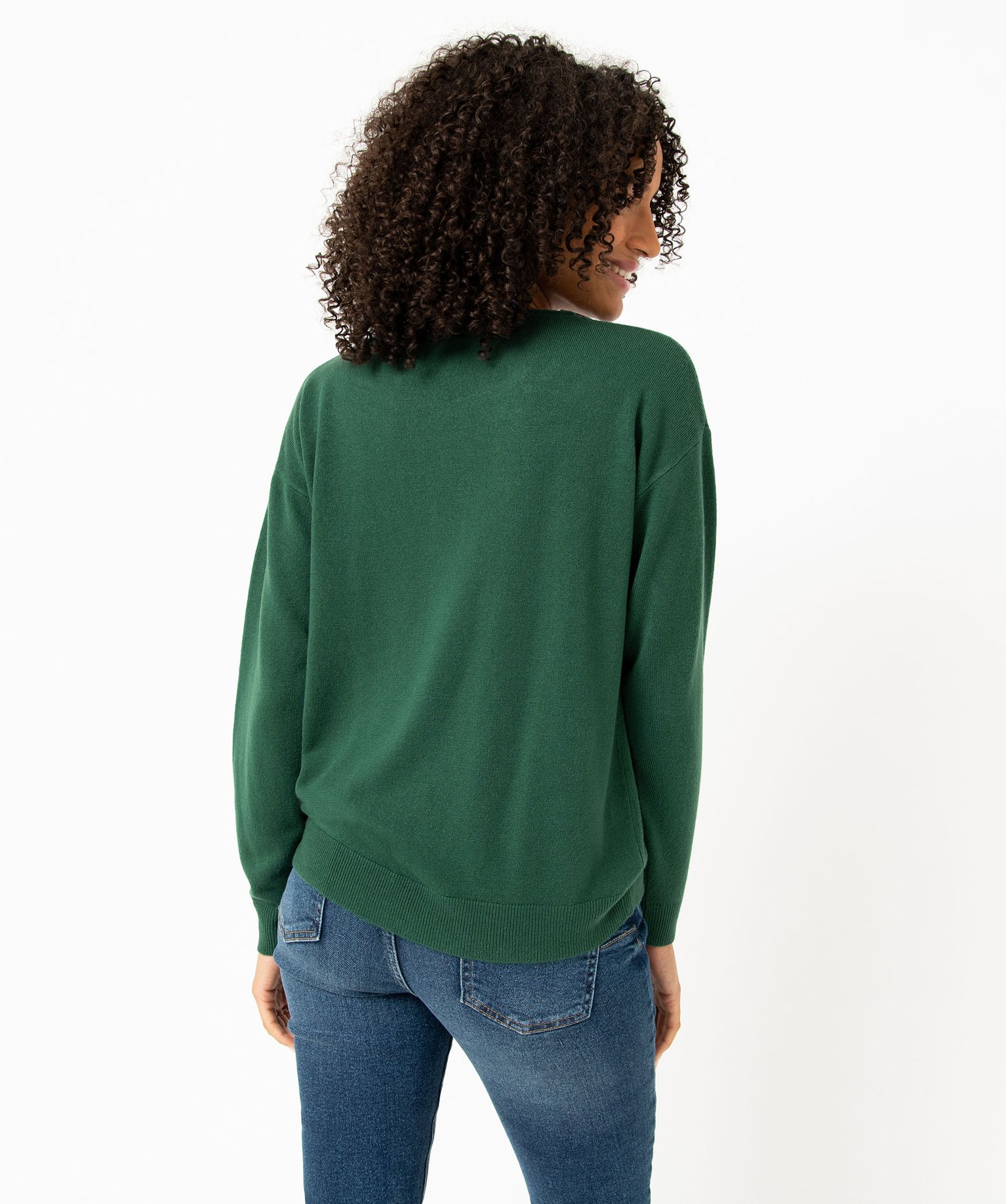 Pull à col rond finitions roulottées femme vert | GEMO