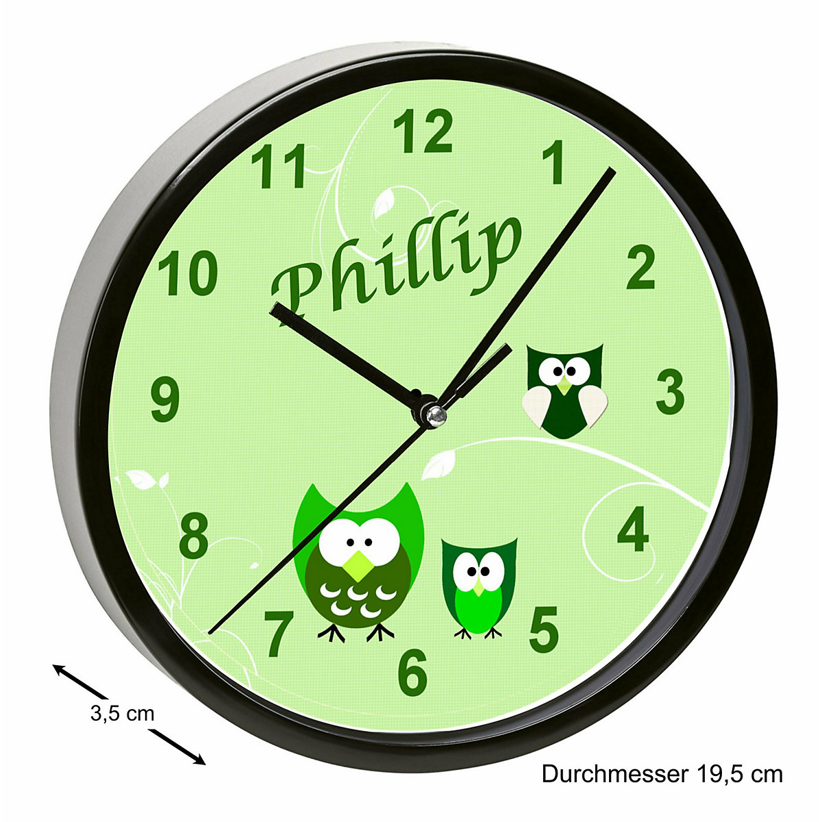 Kinder Wanduhr laufruhig personalisiert mit Name Eule Grün