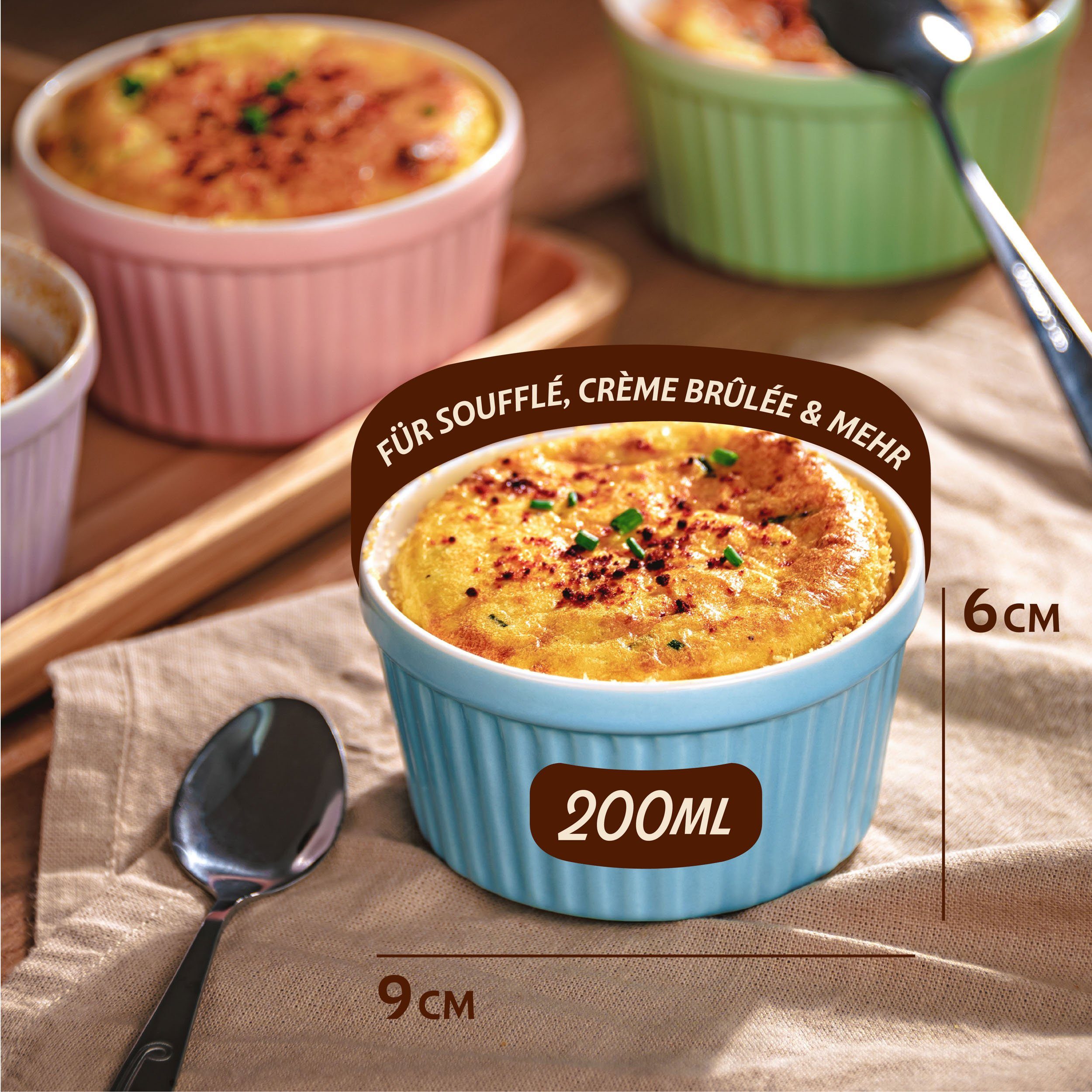 Praknu Auflaufform 6 Souffle Förmchen Ofenfest - Creme Brulee Schälchen - Kuchenbackform, Keramik, (6-St), Kuchenform Rund - Ineinander stapelbare Auflaufförmchen mit Antihaft