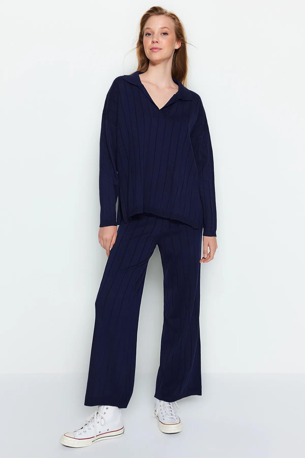 Trendyol Collection  Marineblaues Oversize-Strickoberteil und -unterteil-Set TWOAW24AU00092