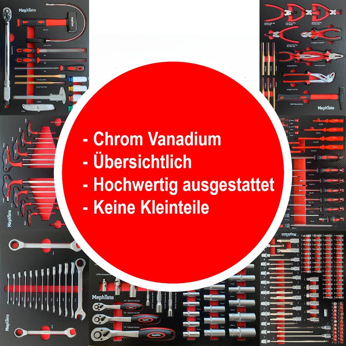 Mephisto-Tools Werkstattwagen, (fertig montiert und bestückt), 8 abschließbare Schubladen, je Schublade belastbar bis je 35 kg, 2 Schlüssel inkl., kugelgelagerte Rollen mit Gummierter Beschichtung, Werkzeug ist aus hochwertigem Chrom Vanadium Stahl,
