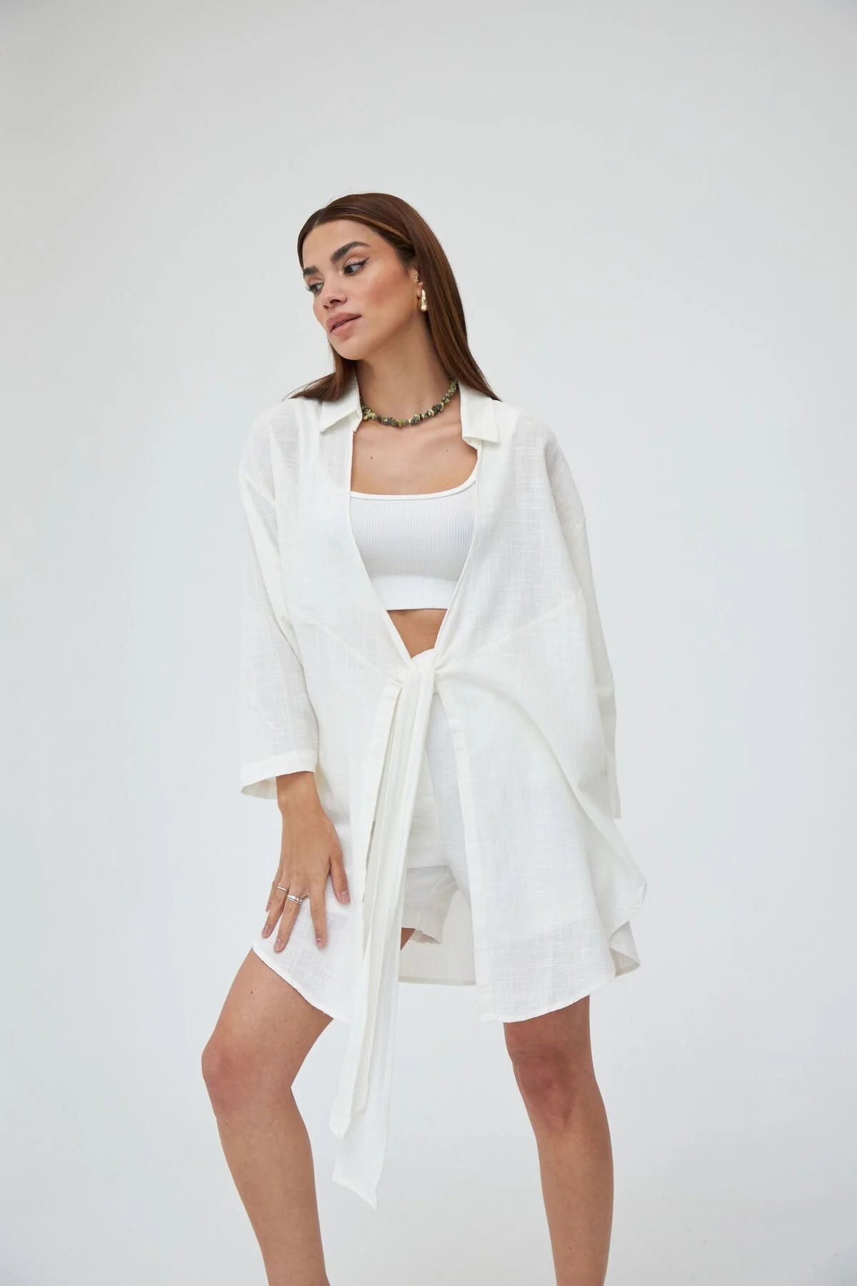 Laluvia  Off White Flam Leinen-Kimono-Hemd