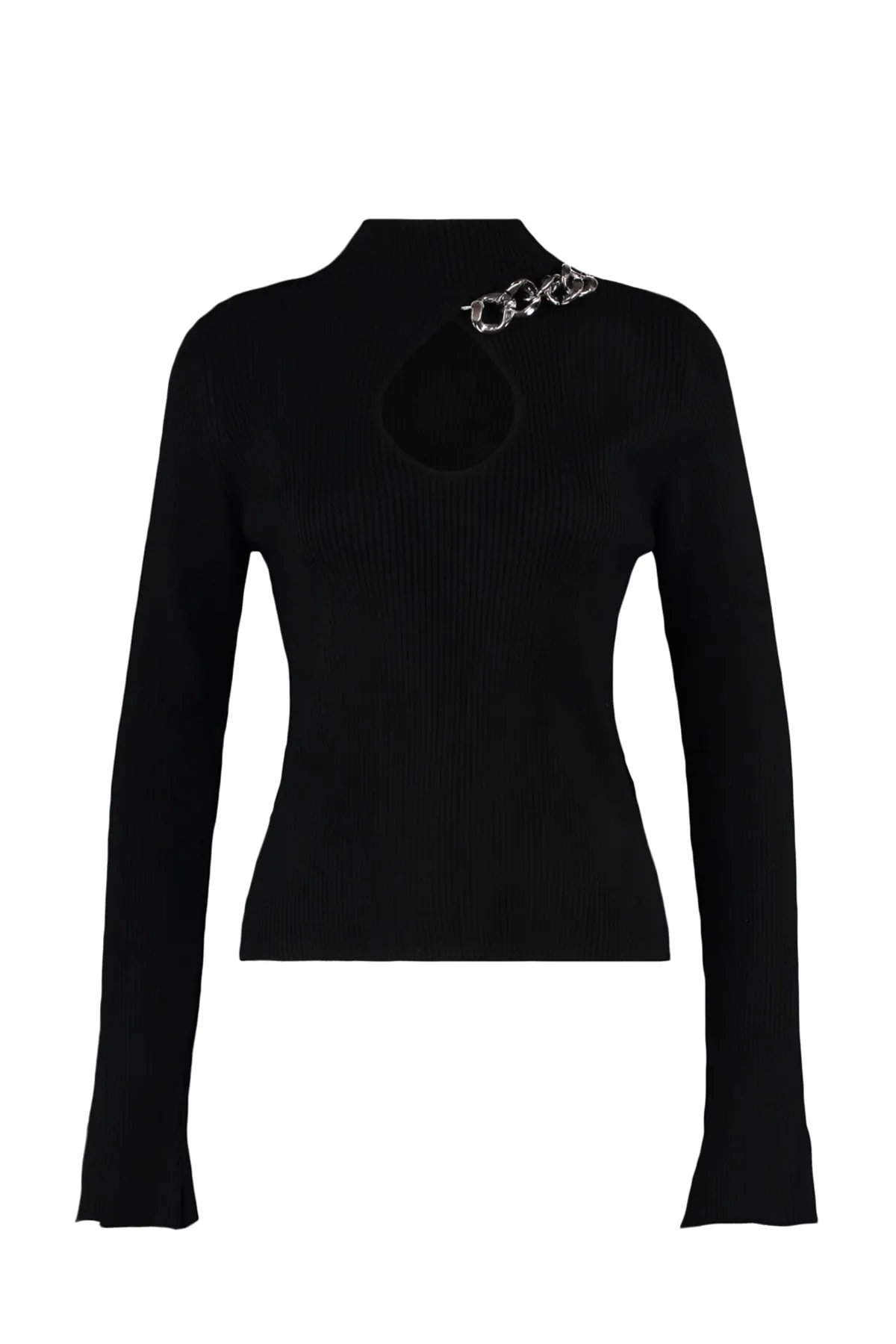 Trendyol Curve  Schwarzer Feinstrickpullover mit Ausschnitten und halbem Rollkragenpullover und Kettendetail TBBAW23AN00120
