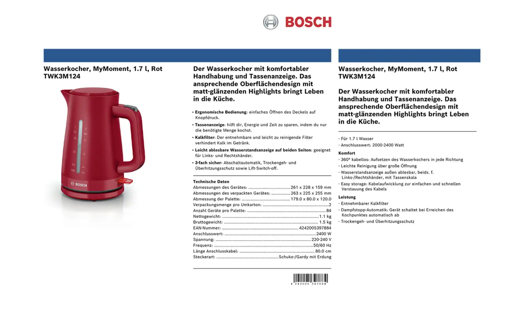 BOSCH Wasserkocher  TWK3M124