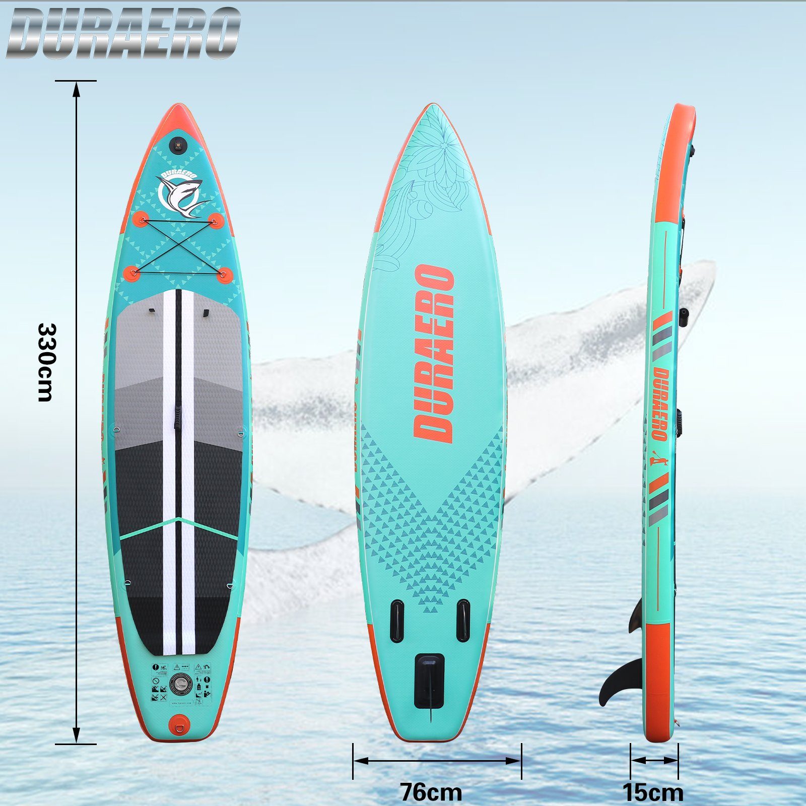 DURAERO Inflatable SUP-Board Stand up Paddling Board, Action-Cam Halterung, 330x76x15cm, bis 150kg