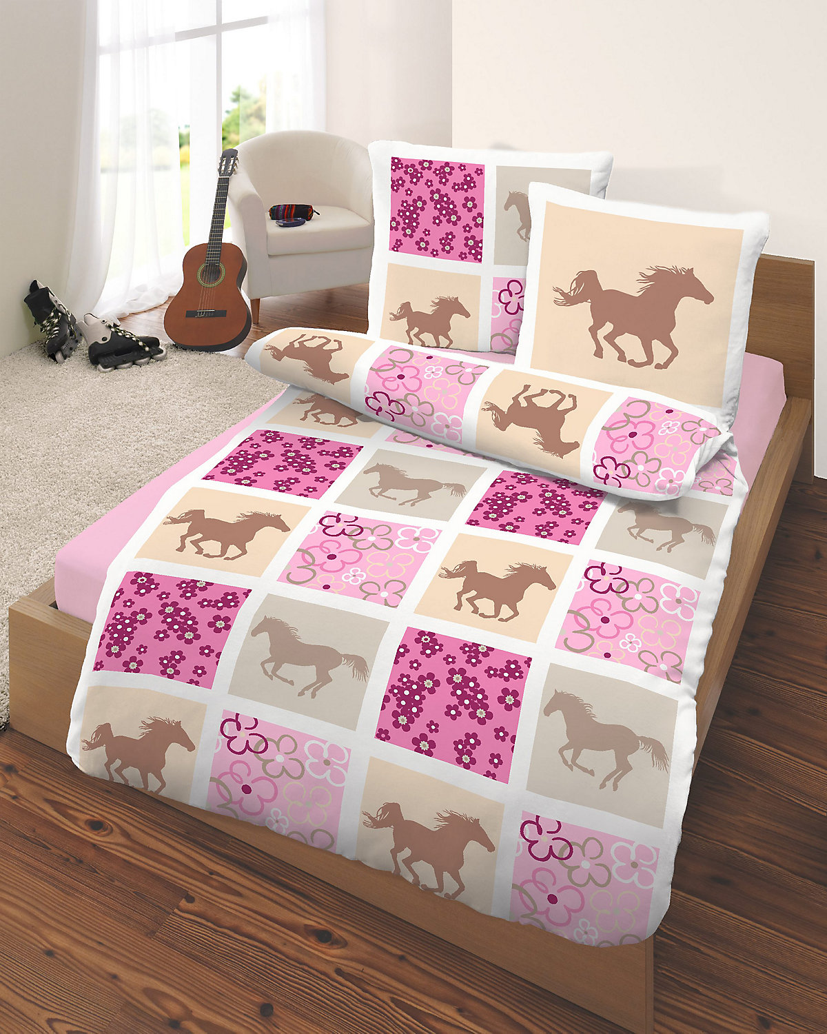 Pferdebettwäsche, Kinderbettwäsche Pferde, Biber, rosa, 135 x 200 cm + 80 x 80 cm
