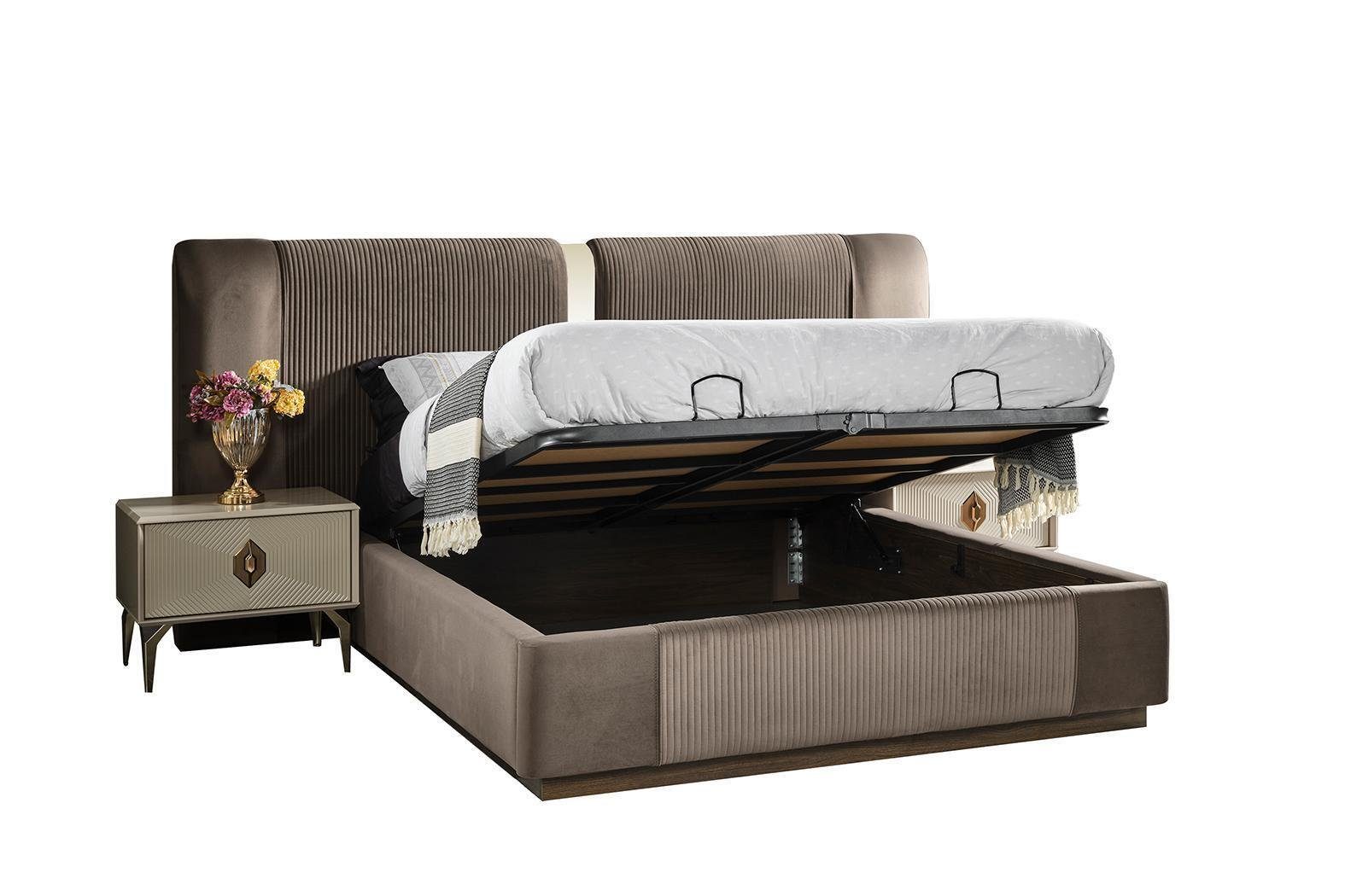 JVmoebel Schlafzimmer-Set Braunes Schlafzimmer Set Designer Doppelbett 2x Nachttische Luxus, (3-St., Bett, 2x Nachttisch), Made in Europa
