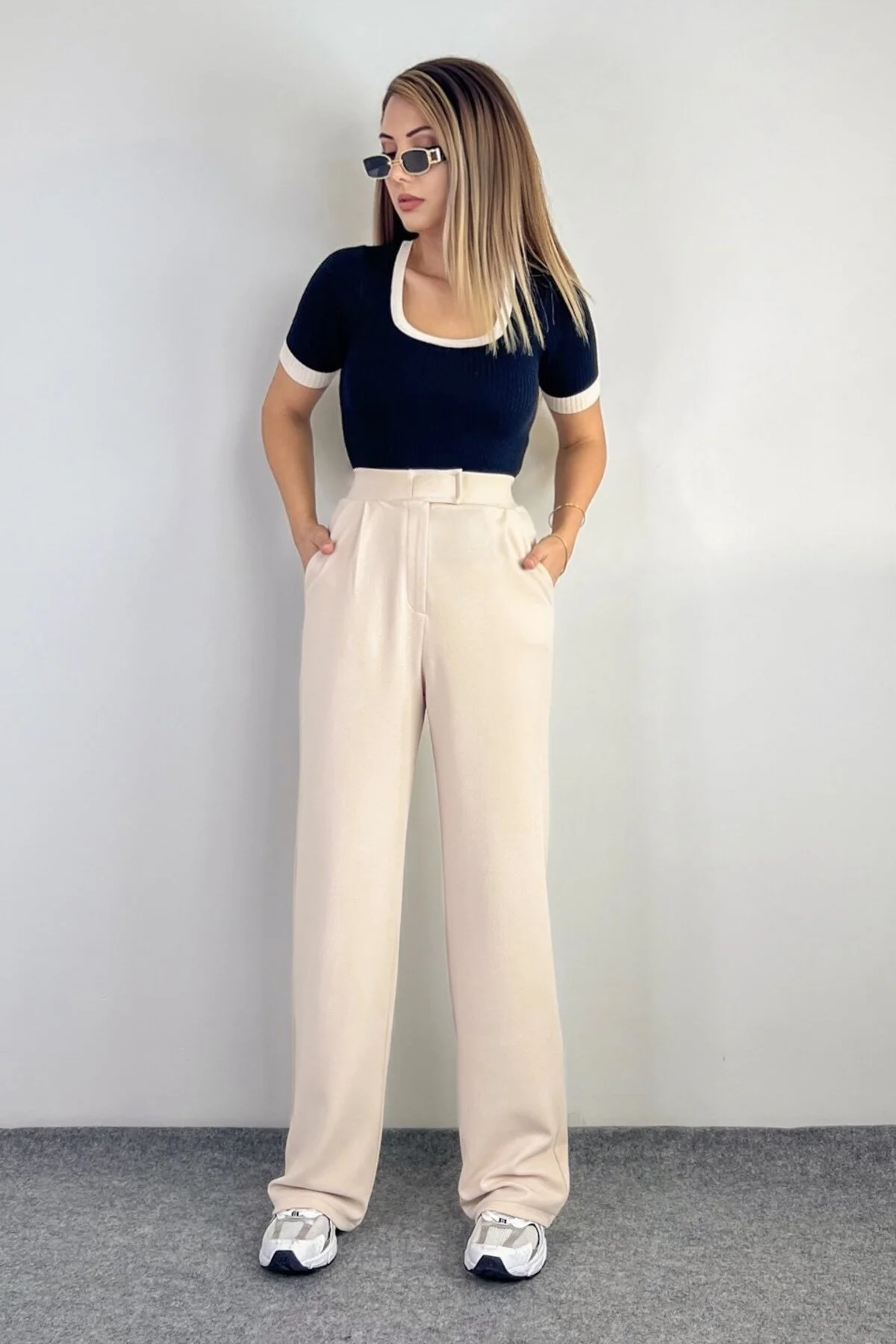 Ritnice  Line Palazzo-Hose aus Lycra für Damen mit Klettverschluss, Hellbeige