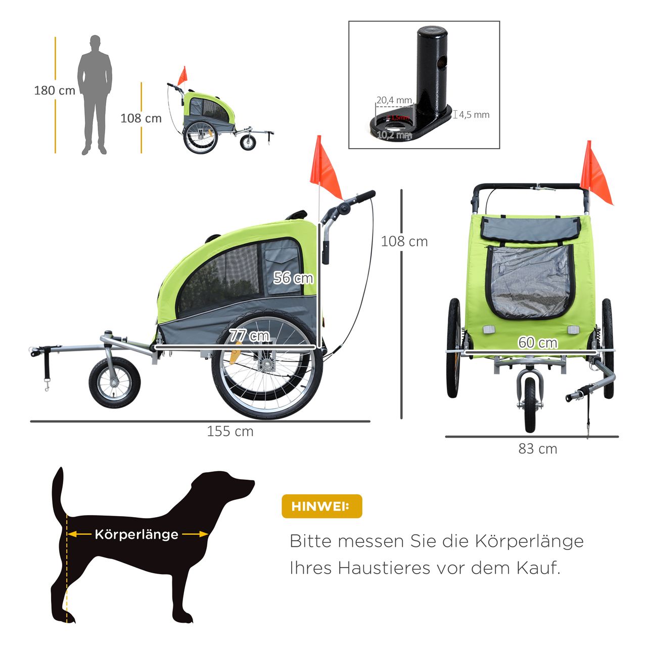 PawHut Hundeanhänger Fahrradanhänger Jogger Hunde Anhänger 2 in1 Anhänger Grün