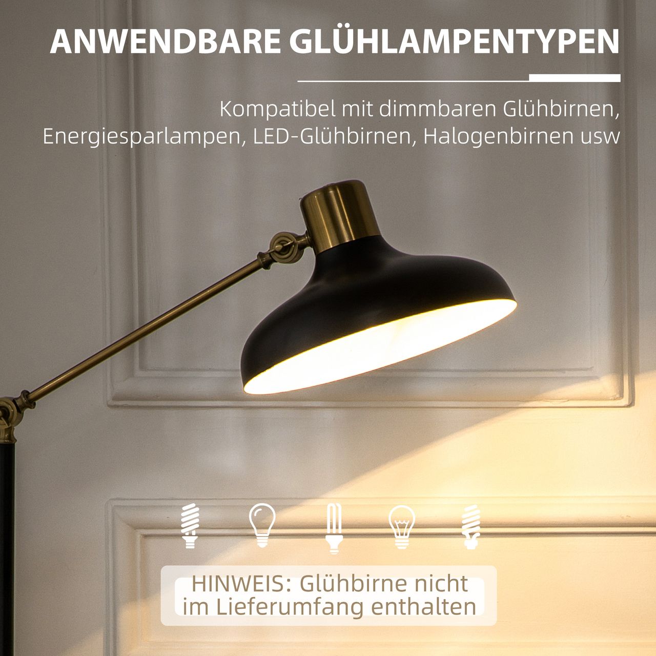 HOMCOM Stehlampe, Höhenverstellbaerr Standlampe, 40 W schwenkbar Stehleuchte