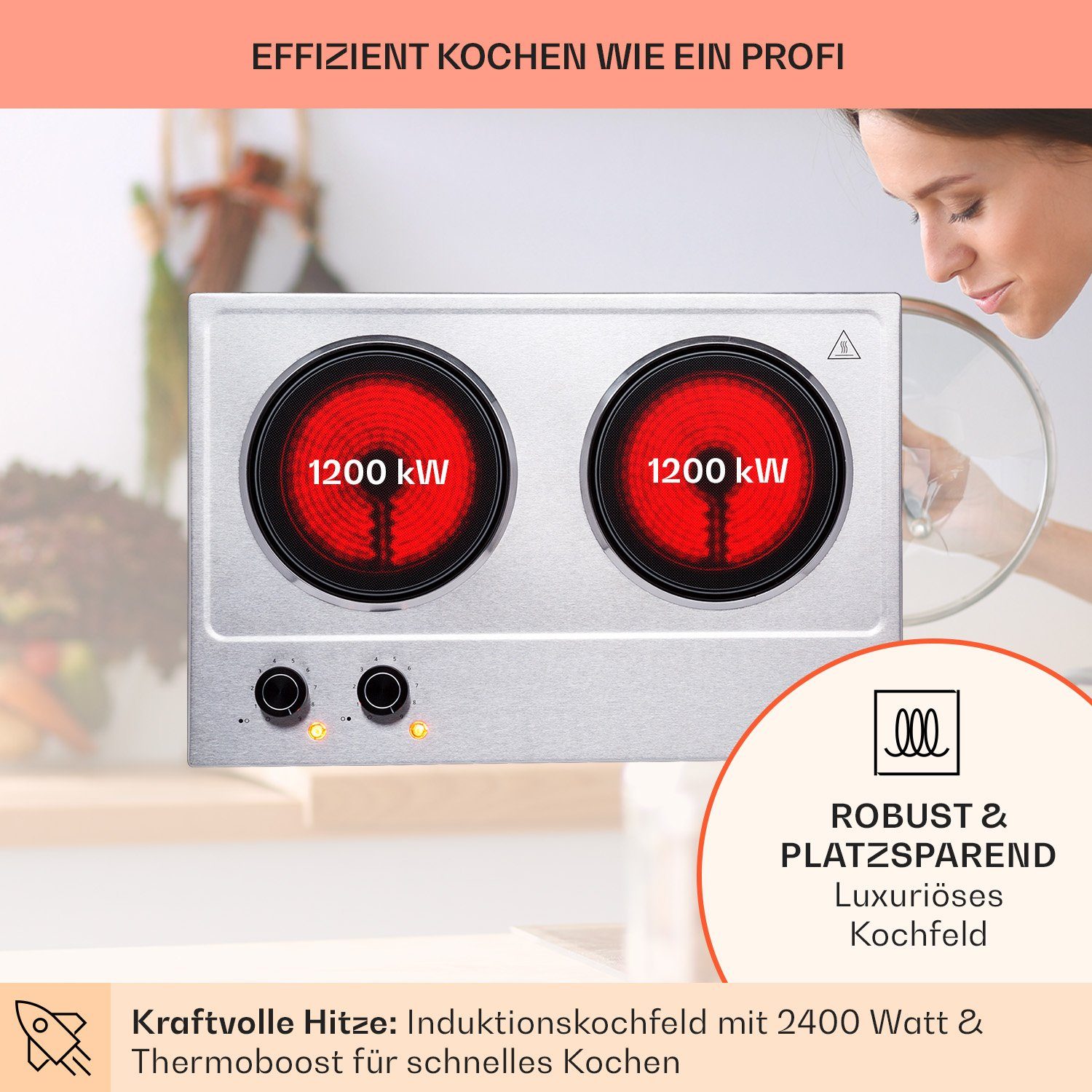 Klarstein Induktions-Kochfeld Ramsey Doppel-Kochfeld 2400W 11 Leistungsstufen Glaskeramik LC4-Ramsey-SLV, Kochfeld 2 Zonen Glaskeramik Elektrokochfeld