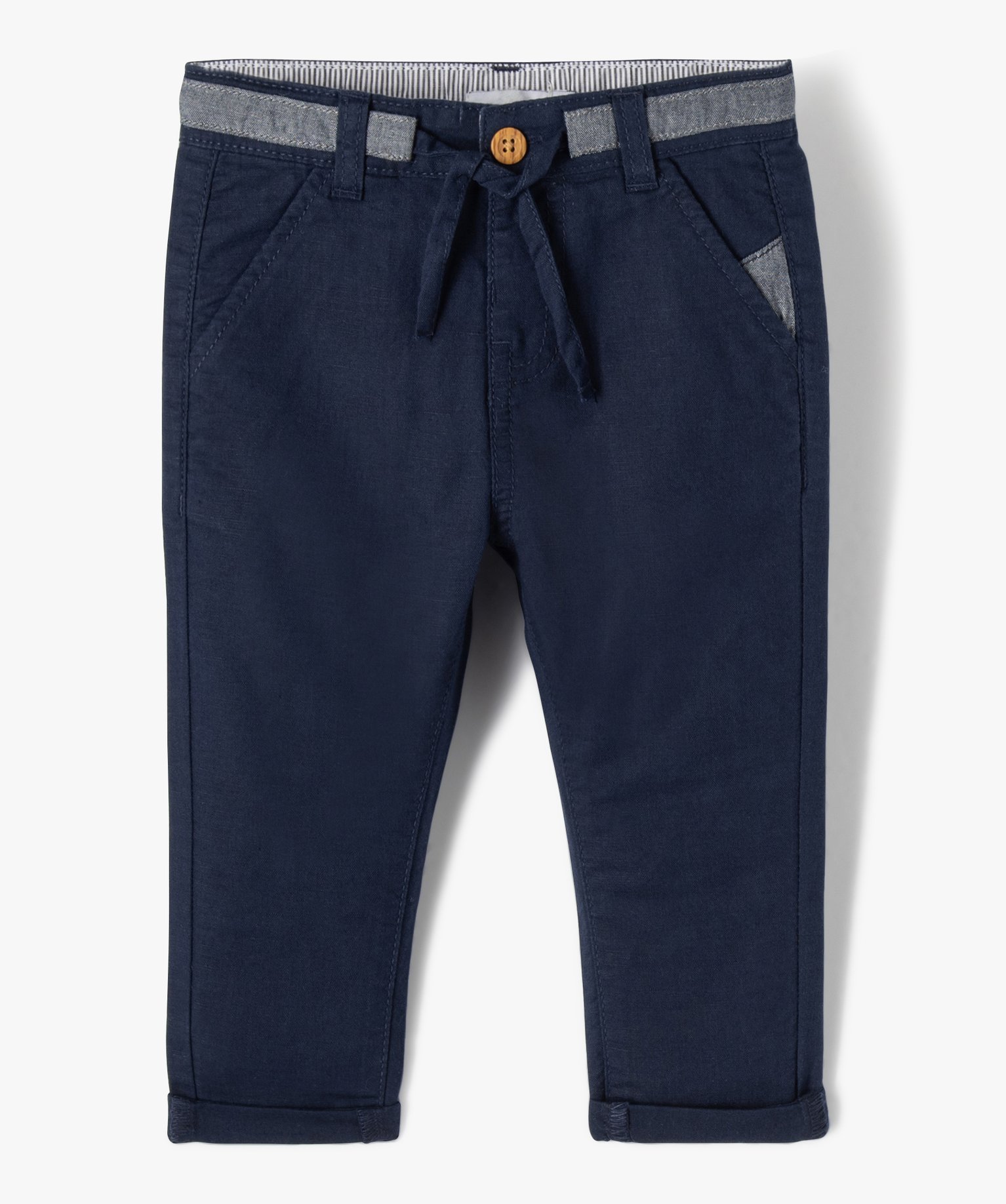 Pantalon bébé Garçon en lin avec ceinture bicolore marine | GEMO