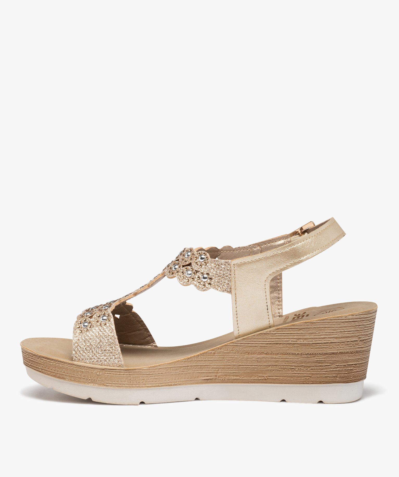 Sandales femme compensées ornées de strass et de perles or | GEMO