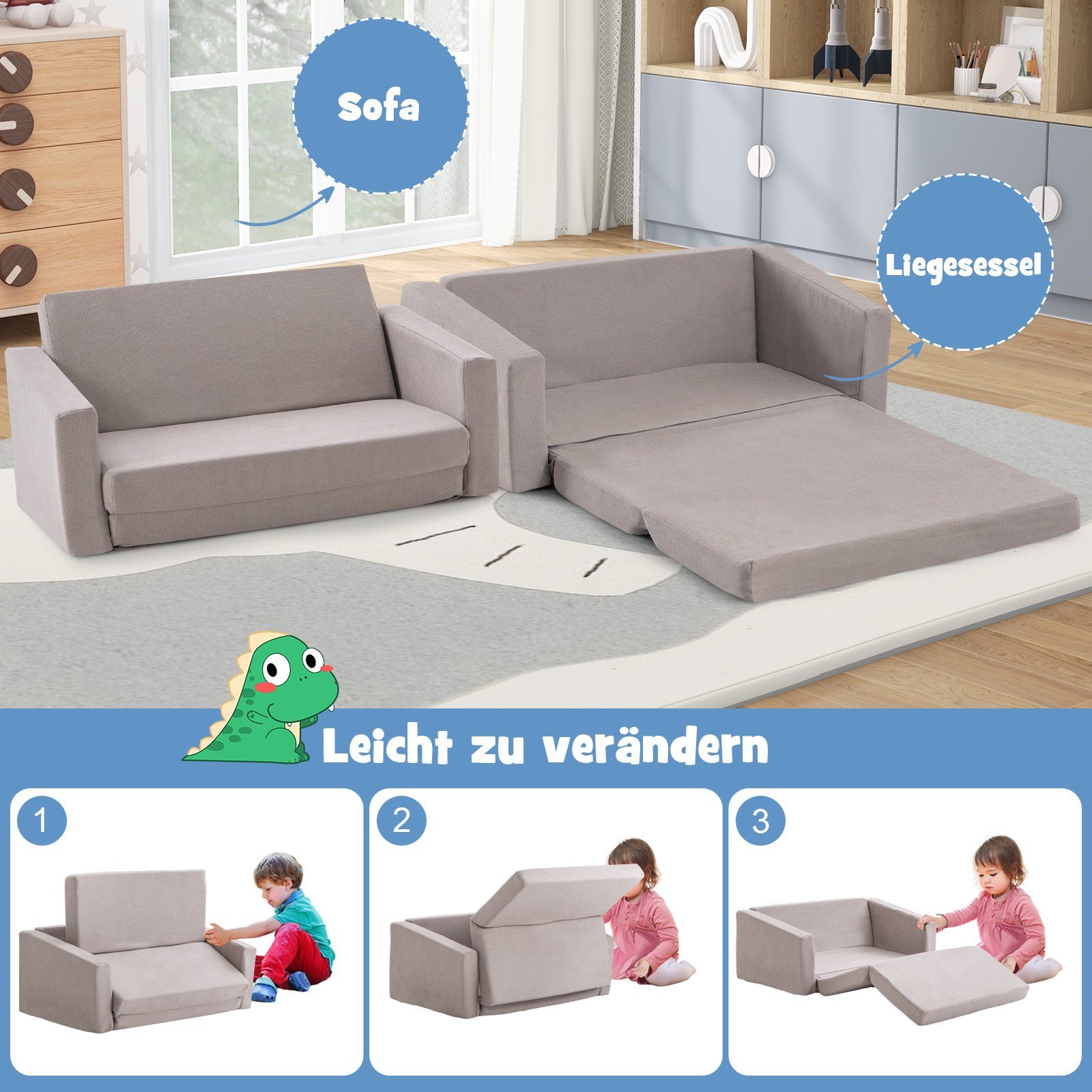 COSTWAY Kindersofa 2 in 1 Schlafsofa, 77 x 43 x 40 cm
