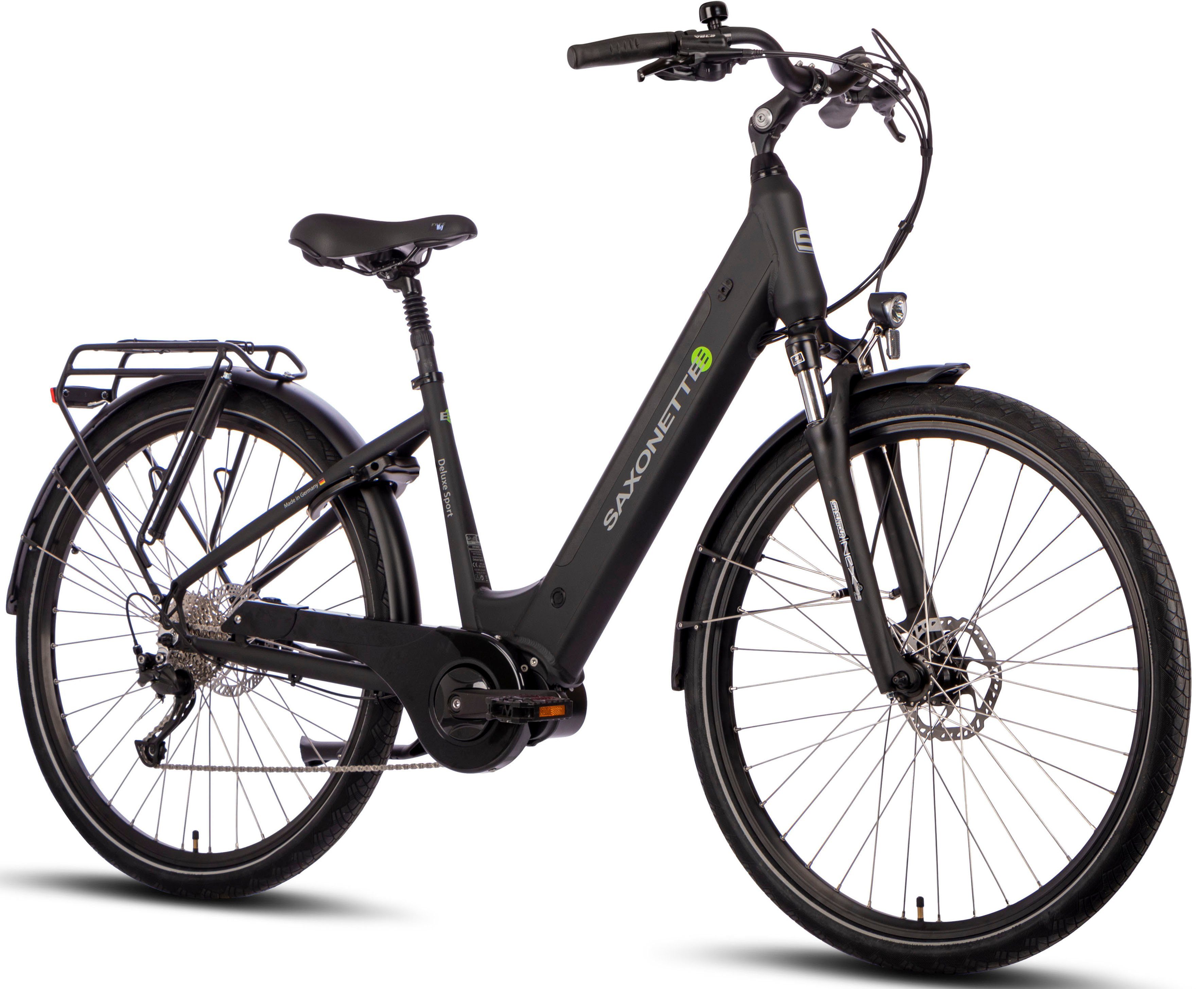 SAXONETTE E-Bike SAXONETTE Deluxe Sport (Trapez), 9 Gang Shimano Alivio Schaltwerk, Kettenschaltung, Mittelmotor, 418 Wh Akku