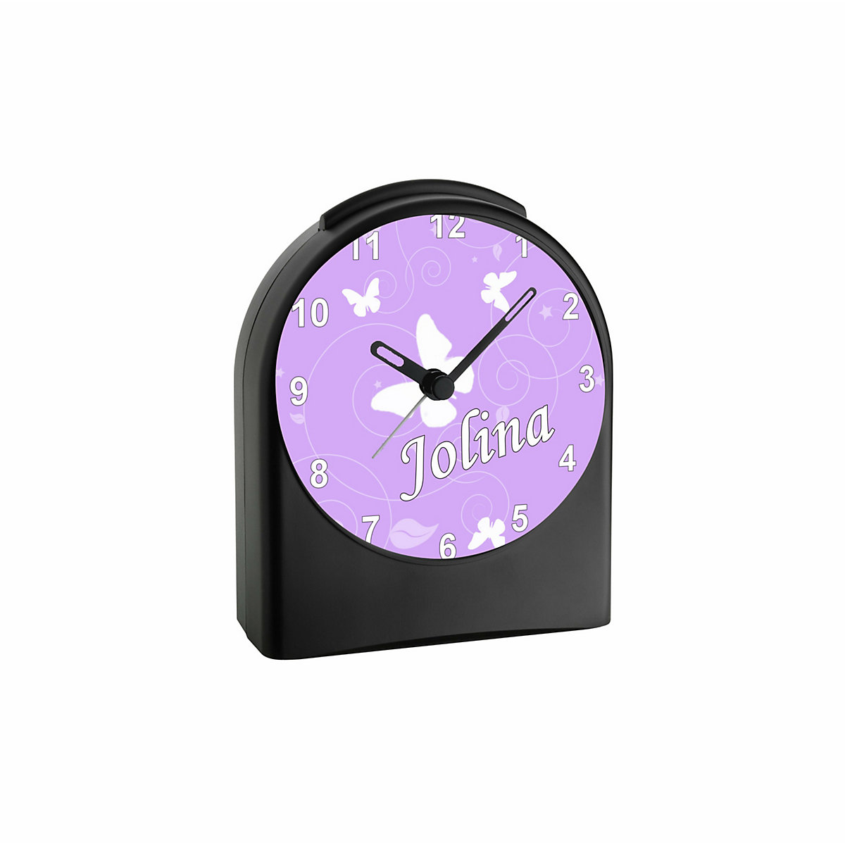 Kinder Funkwecker personalisiert mit Namen Schmetterling Ornamente Atom-/Funkuhr, 12-Stunden-Anzeigeformat, Schlummerfunktion, Nachtlicht, Geräuschlos/Ohne Ticken