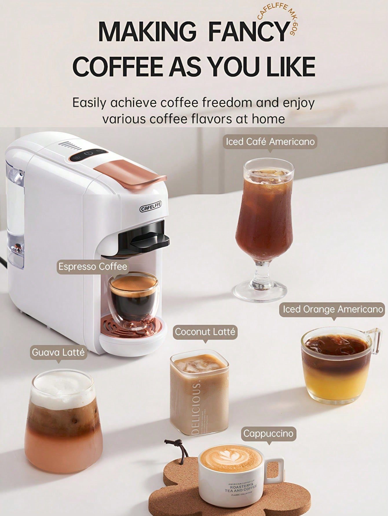KREATE Kapselmaschine 5-in-1-Kaffeemaschine, 19-Bar-Espressomaschine, Kalt-/Heißmodus, 0.6l Kaffeekanne, Kompatibel mit Kcup*/Nes* Original/DG*/ESE Pod/gemahlenem Kaffee Wassermenge Stufe 7, 110*275*265 mm, Abnehmbarer 20-Unzen-Behälter, LED-Streifen