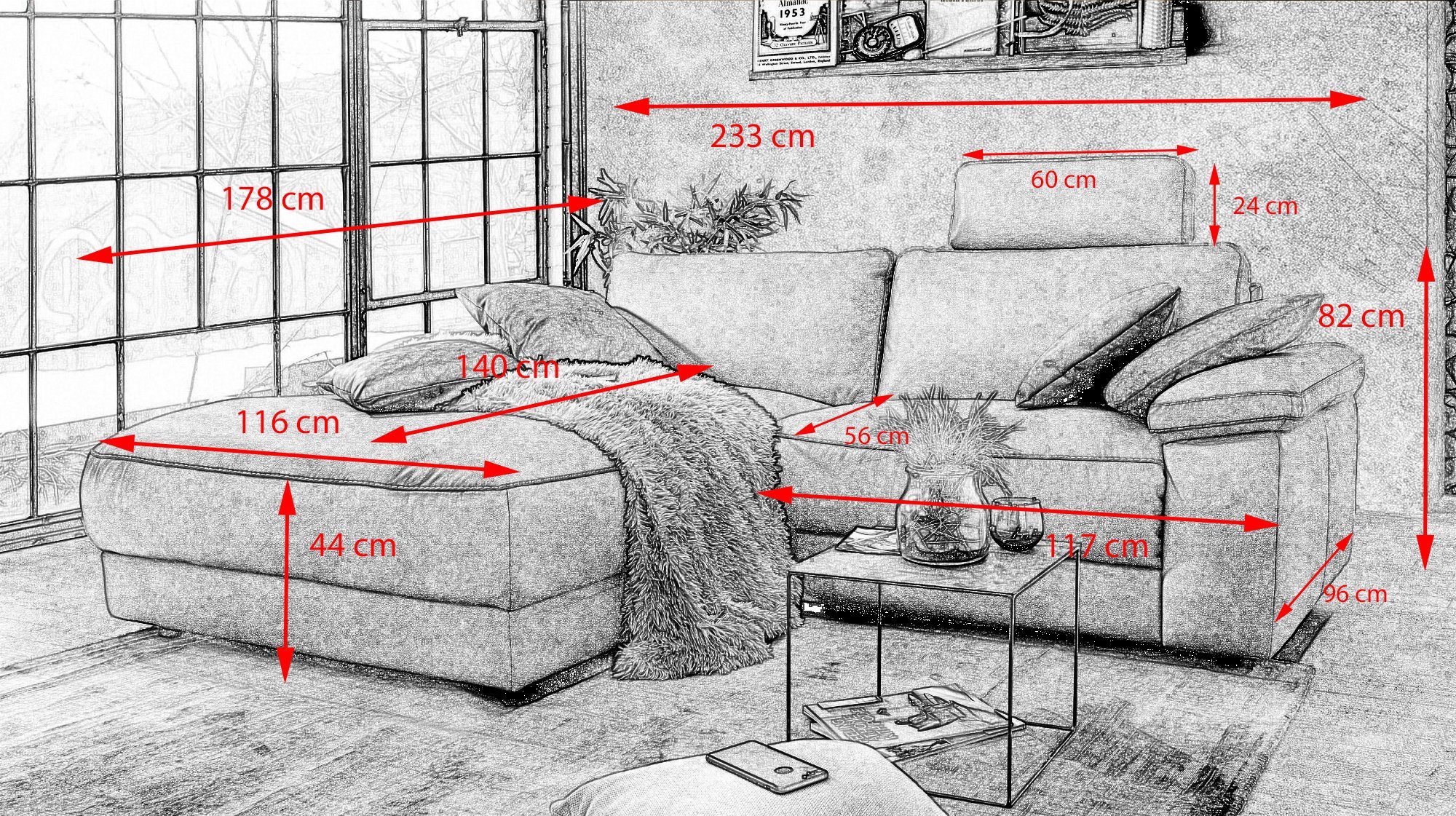 KAWOLA Ecksofa LOLA, Sofa Stoff od. Leder, Recamiere rechts od. links, versch. Farben