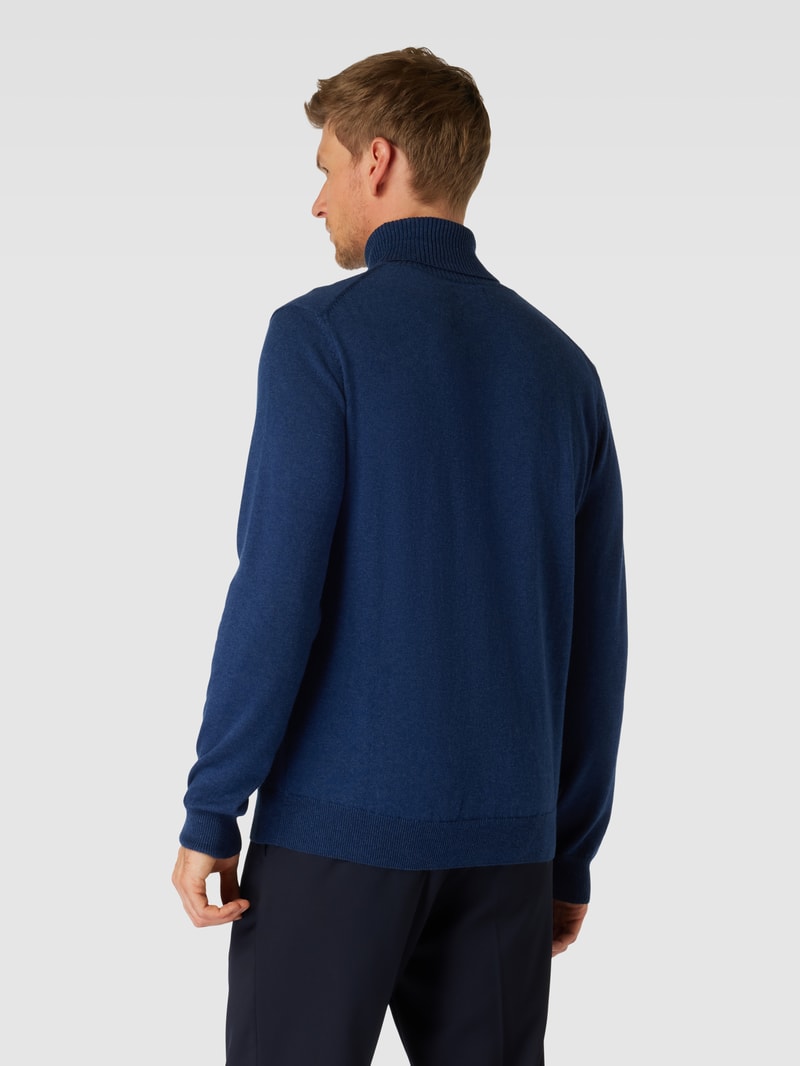 Rollkragenpullover mit Label-Stitching aus Baumwoll-Woll-Mix in marineblau meliert